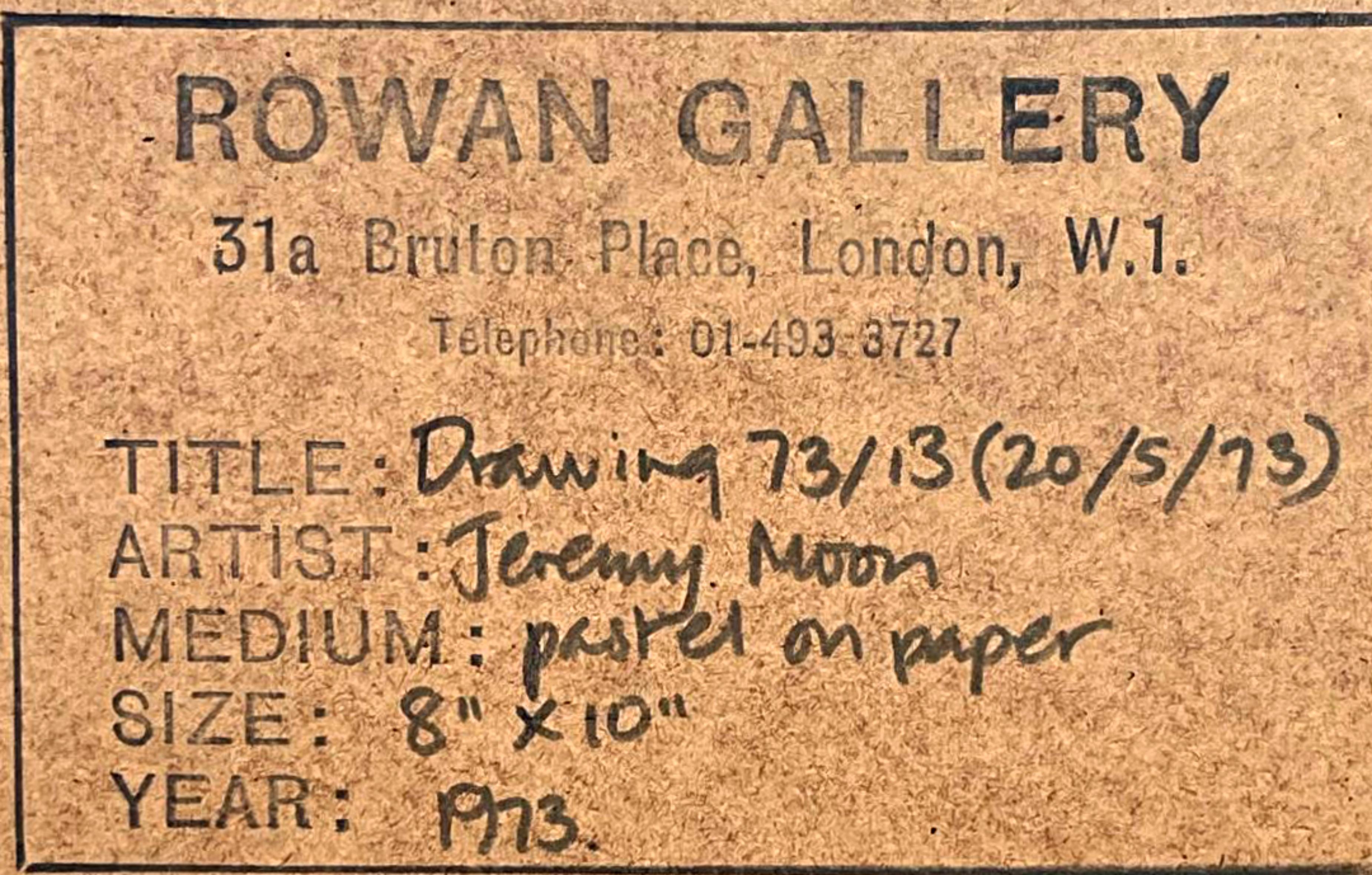 Jeremy Mond
Zeichnung 73/13 (20/5/73), 1973
Pastell auf Papier
Handsigniert vom Künstler, signiert und datiert 20/5/73 in Graphit auf der unteren Vorderseite; die Rückseite des Vintage-Rahmens trägt das originale Rowan Gallery Label mit