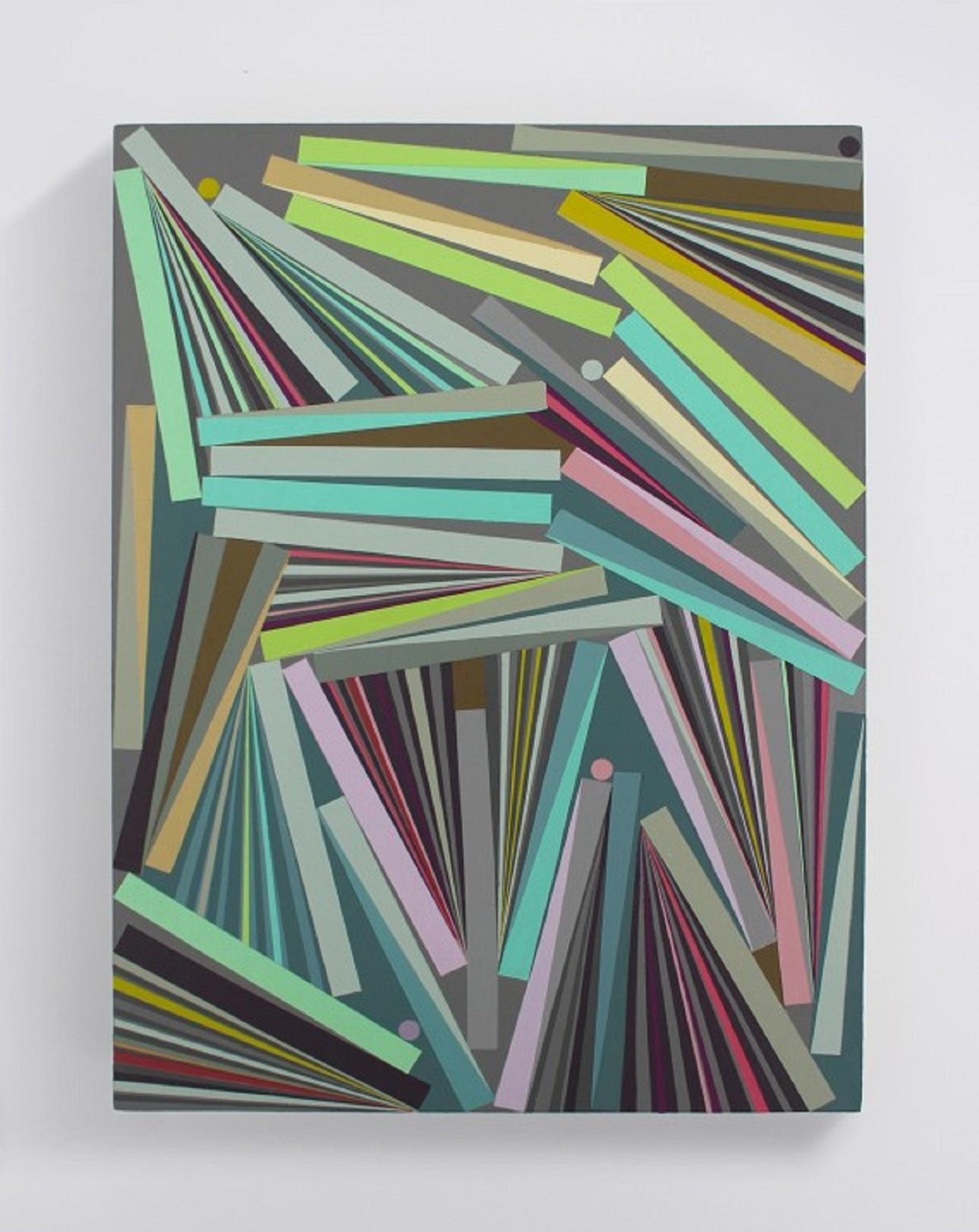 Bibliophile' explores the energy of precariousness... are the forms perfectly balanced, or are they near to collapse? Using a carefully mediated colour palette which is by turns both recessive and complementary, I'm interested in the ambiguity of an