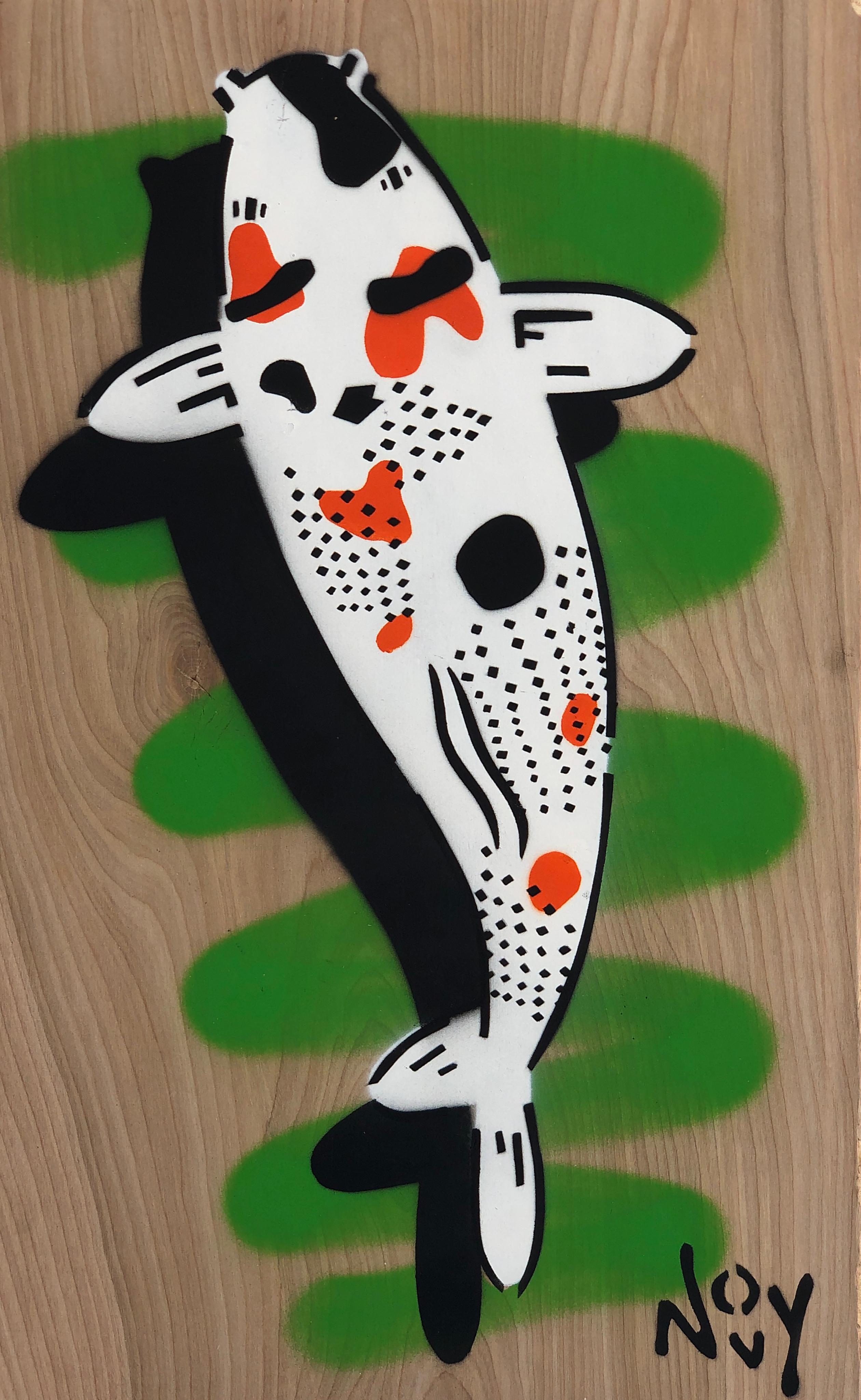 Jeremy Novy Animal Painting - " Green Koi 2"-Spray Paint on Wood 
