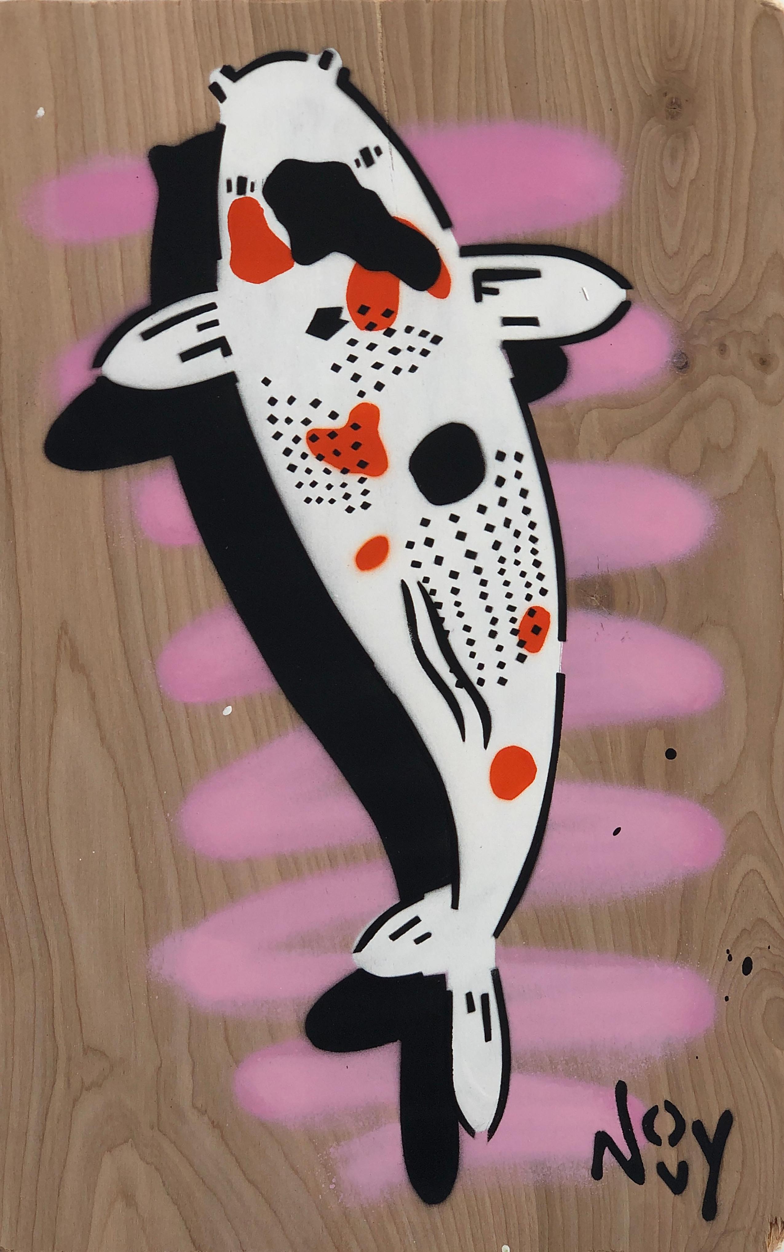 Jeremy Novy Animal Painting - " Pink Koi "-Spray Paint on Wood 