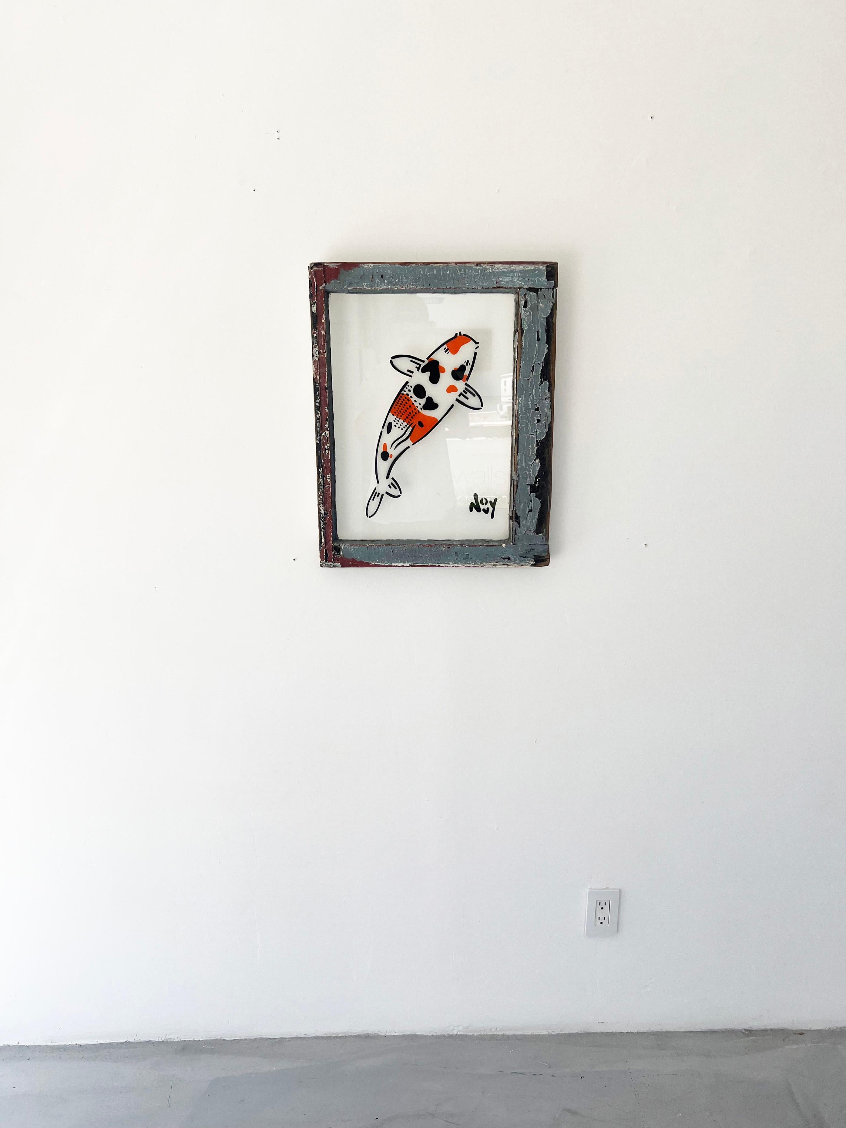 Jeremy Novy 1 Koi spray painted stencil on blue stained wood window frame For Sale at 1stDibs