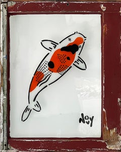 1 Koi - spray painted stencil on burgundy stained wood window frame