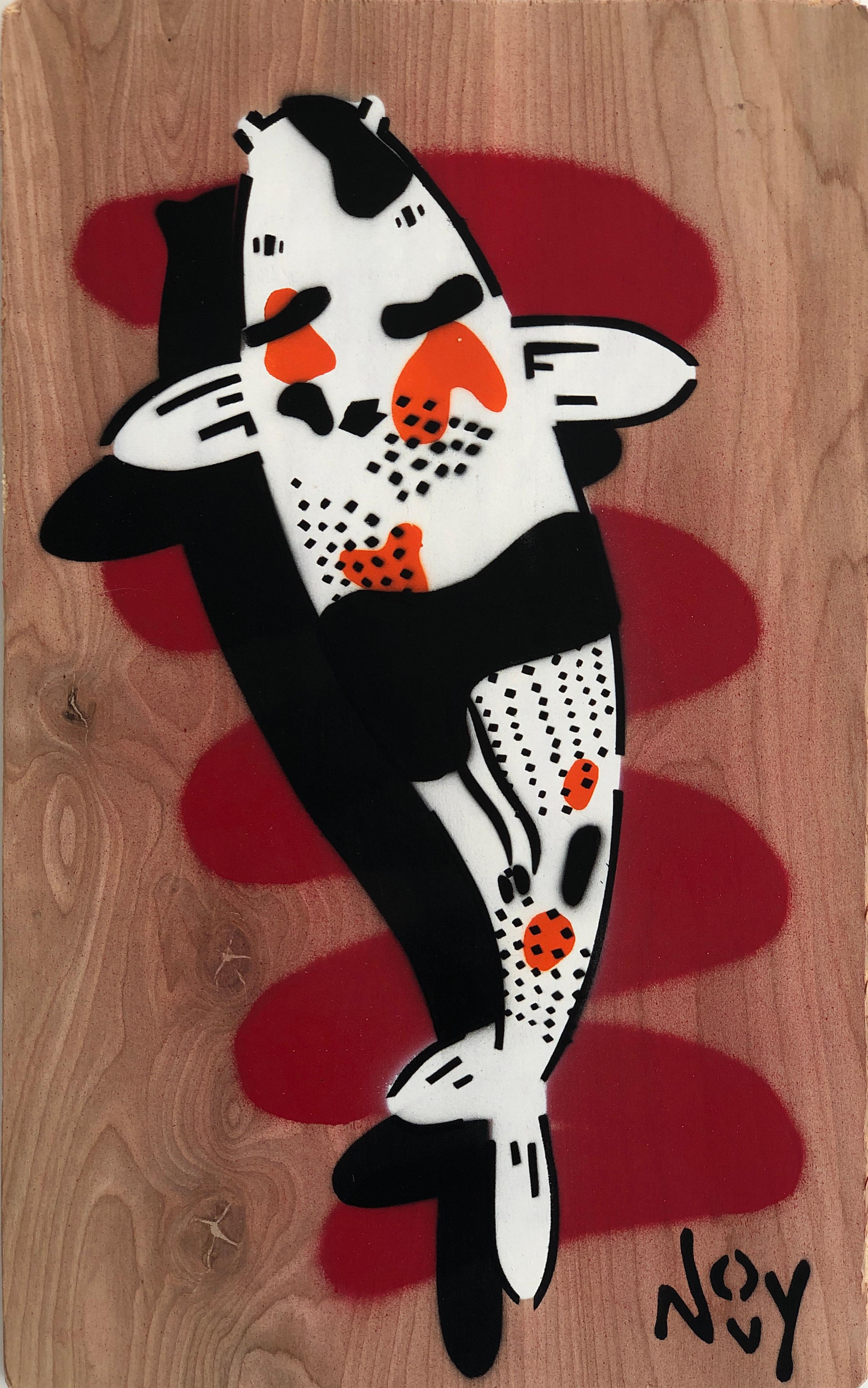 Jeremy Novy Animal Painting - "Red Koi 1 "-Spray Paint on Wood 