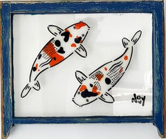  2 Koi spray painted stencil on blue stained wood window frame
