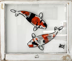 2 Koi spray painted stencil on white stained wood window frame