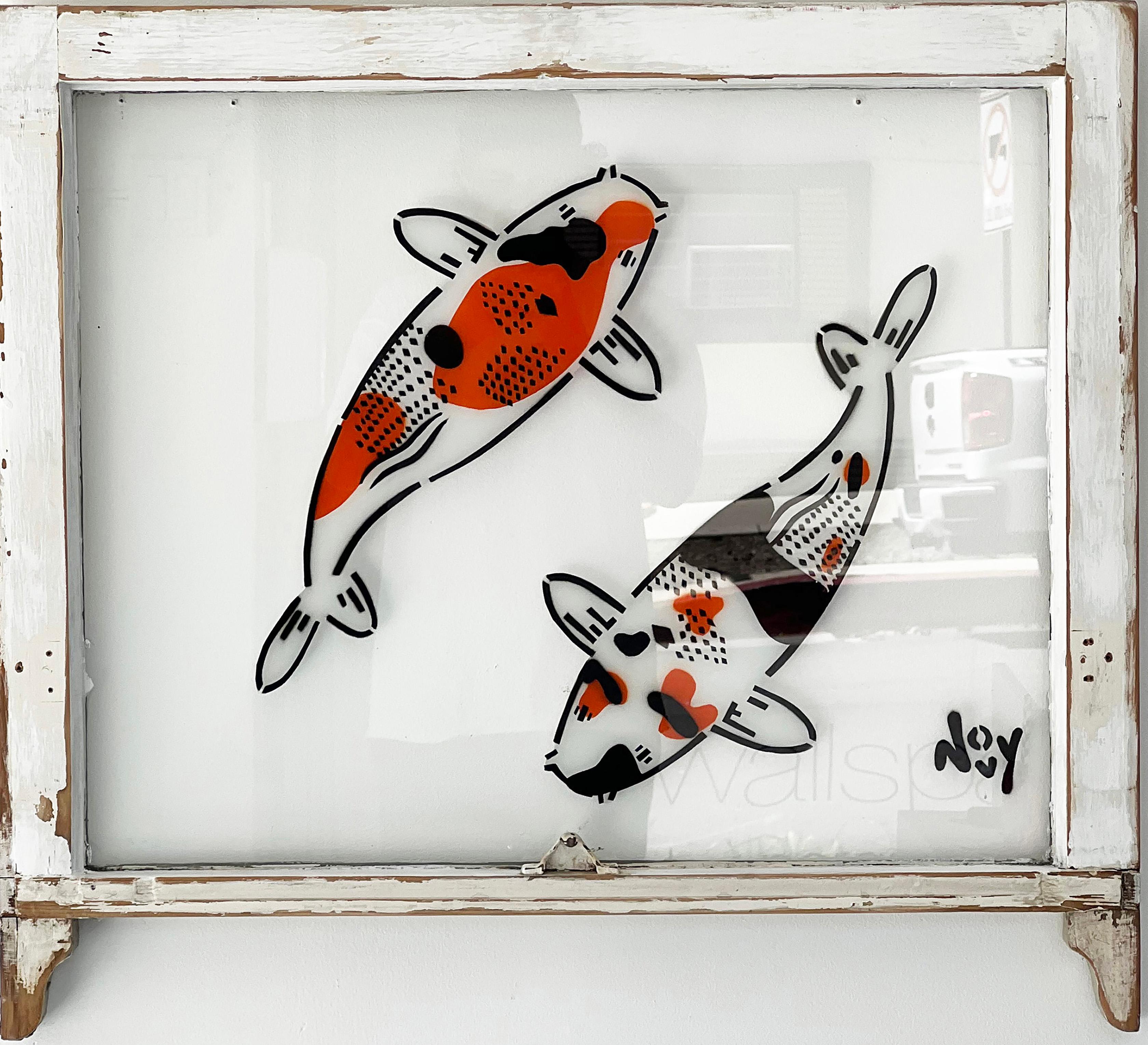 2 Koi spray painted stencil on white stained wood window frame