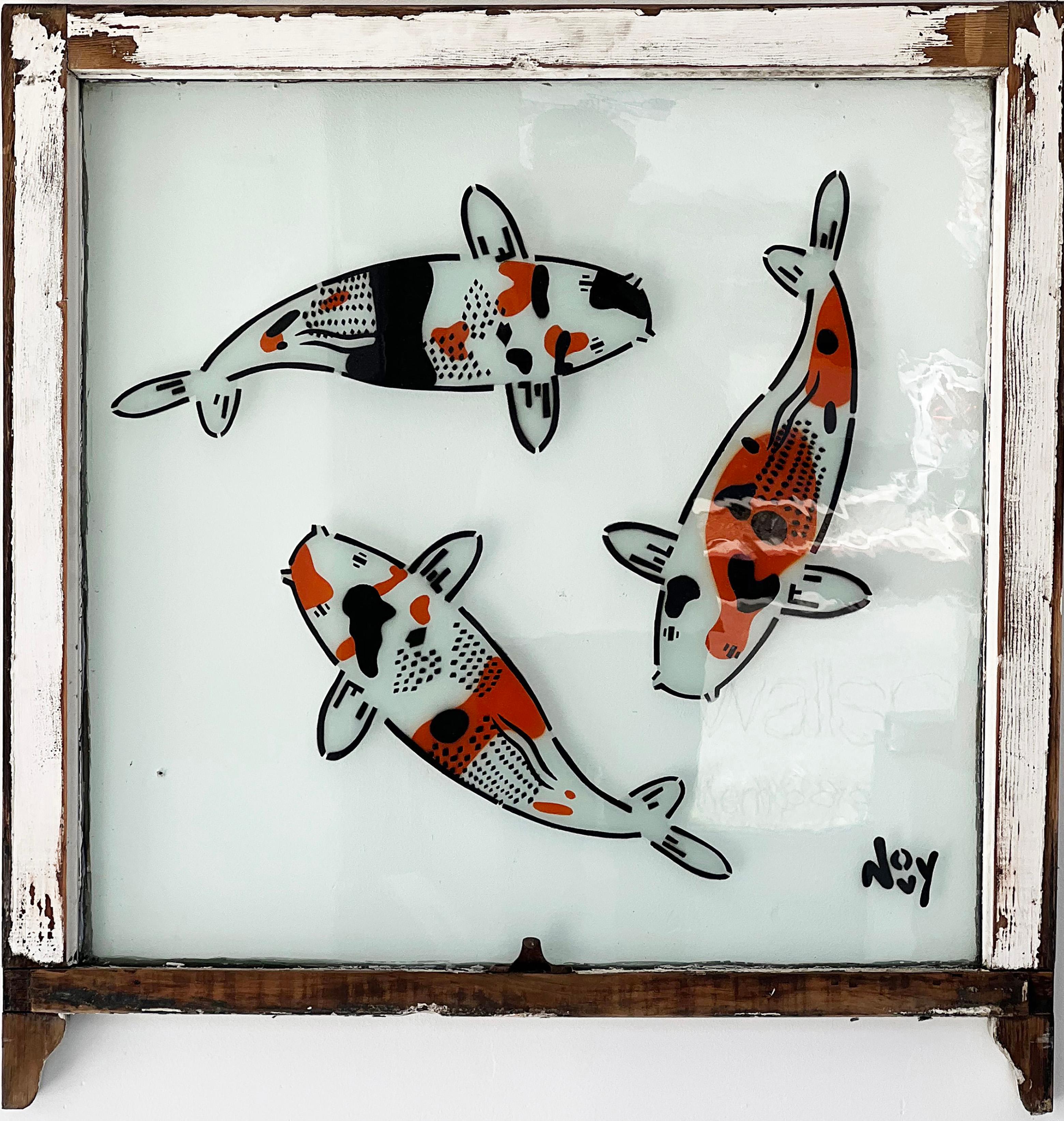 3 Koi spray painted stencil on white-brown stained wood window frame