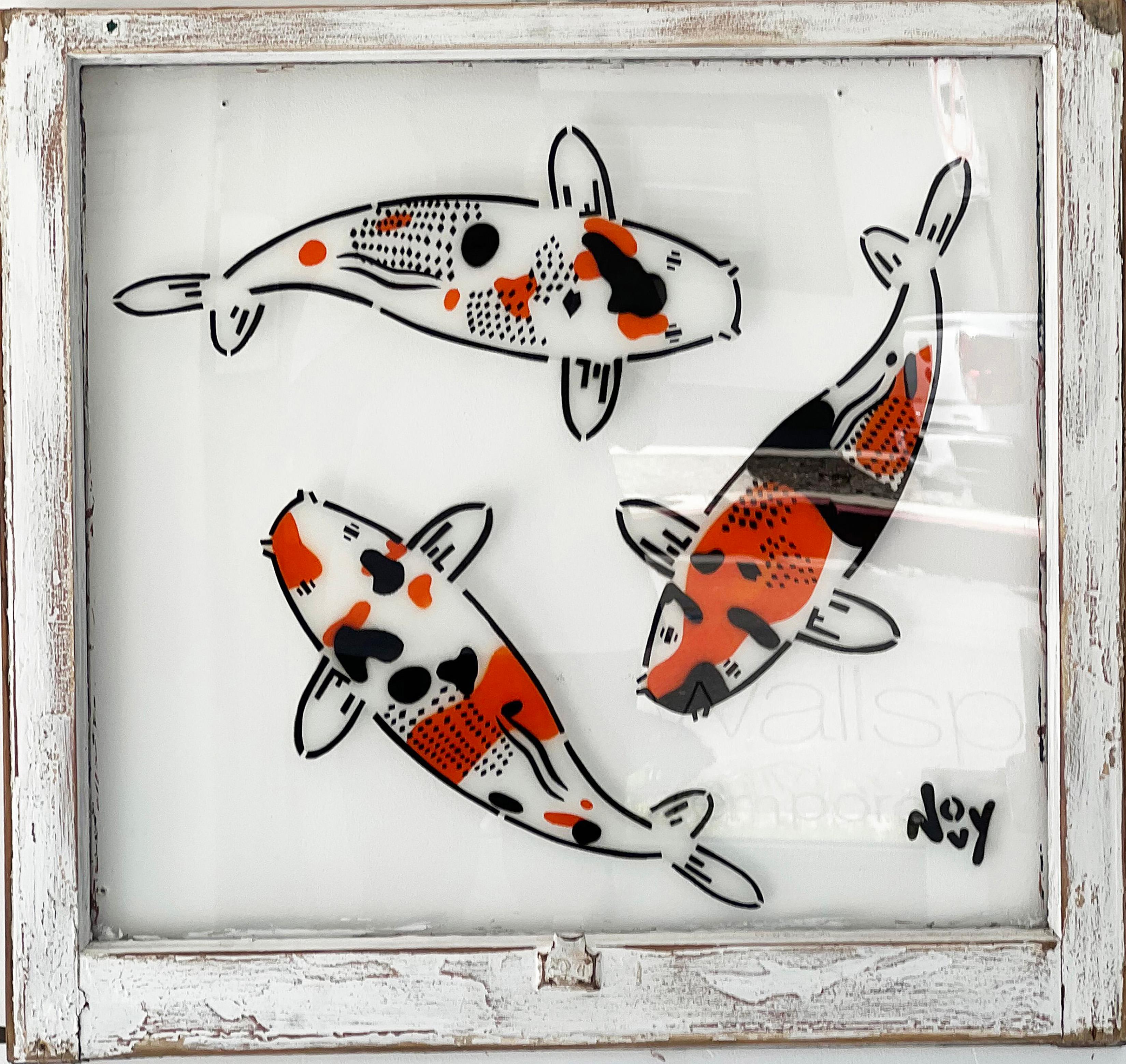 3 Koi spray painted stencil on white stained wood window frame