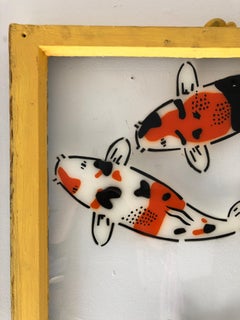 "5 Koi - Right" Spray paint on found glass in yellow window wood frame