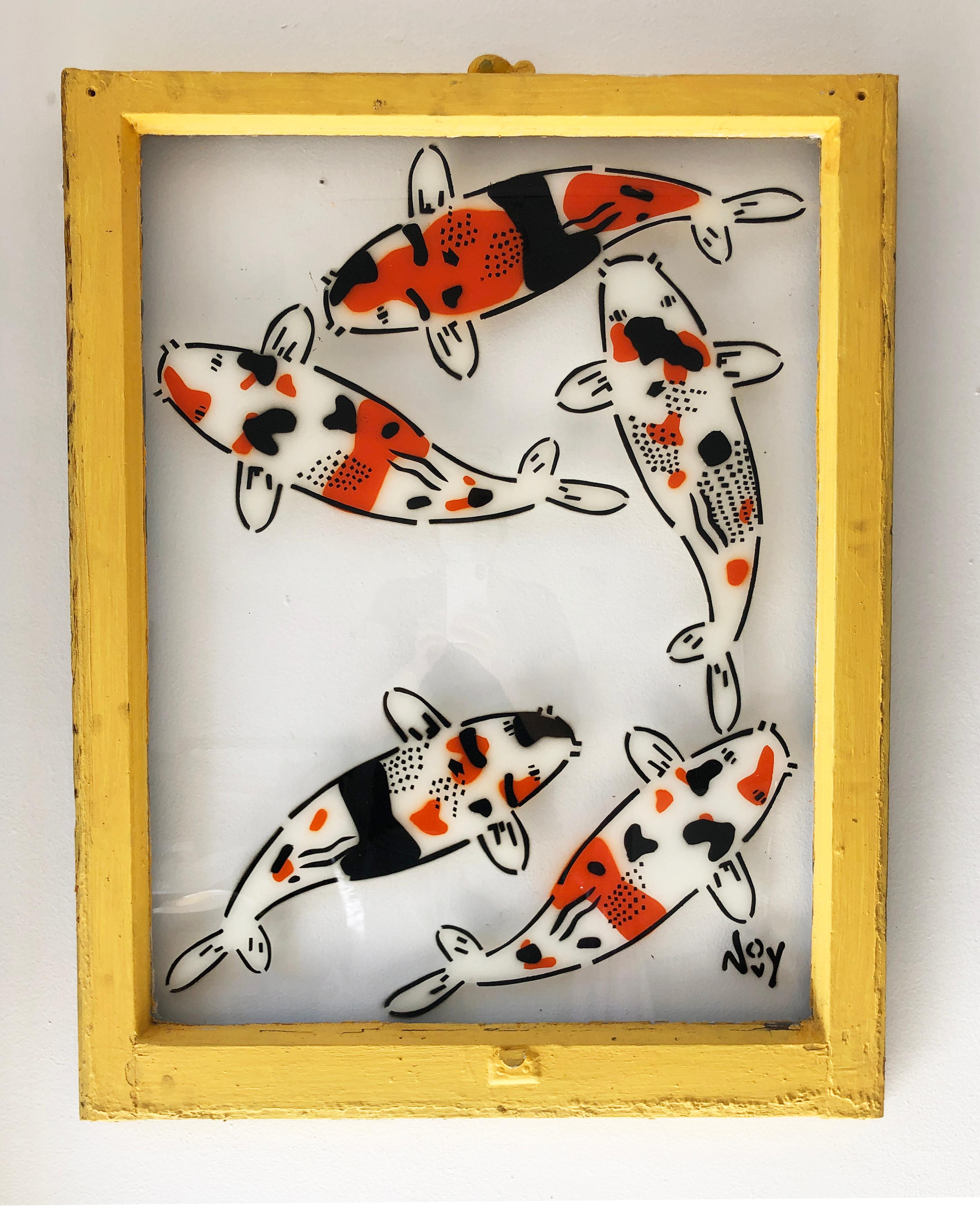 Jeremy Novy Animal Painting - "5 Koi - Right" Spray paint on found glass in yellow window wood frame