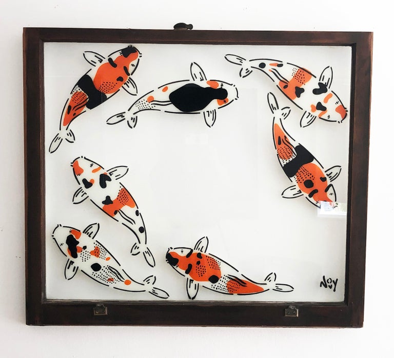 Jeremy Novy - "7 Koi - Diptych" Spray paint on found glass in sage green  window wood frame For Sale at 1stDibs