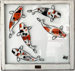 5 Koi spray painted stencil on white stained wood window frame 