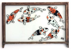 "7 Koi - Top" Spray paint on found glass in sage green window wood frame