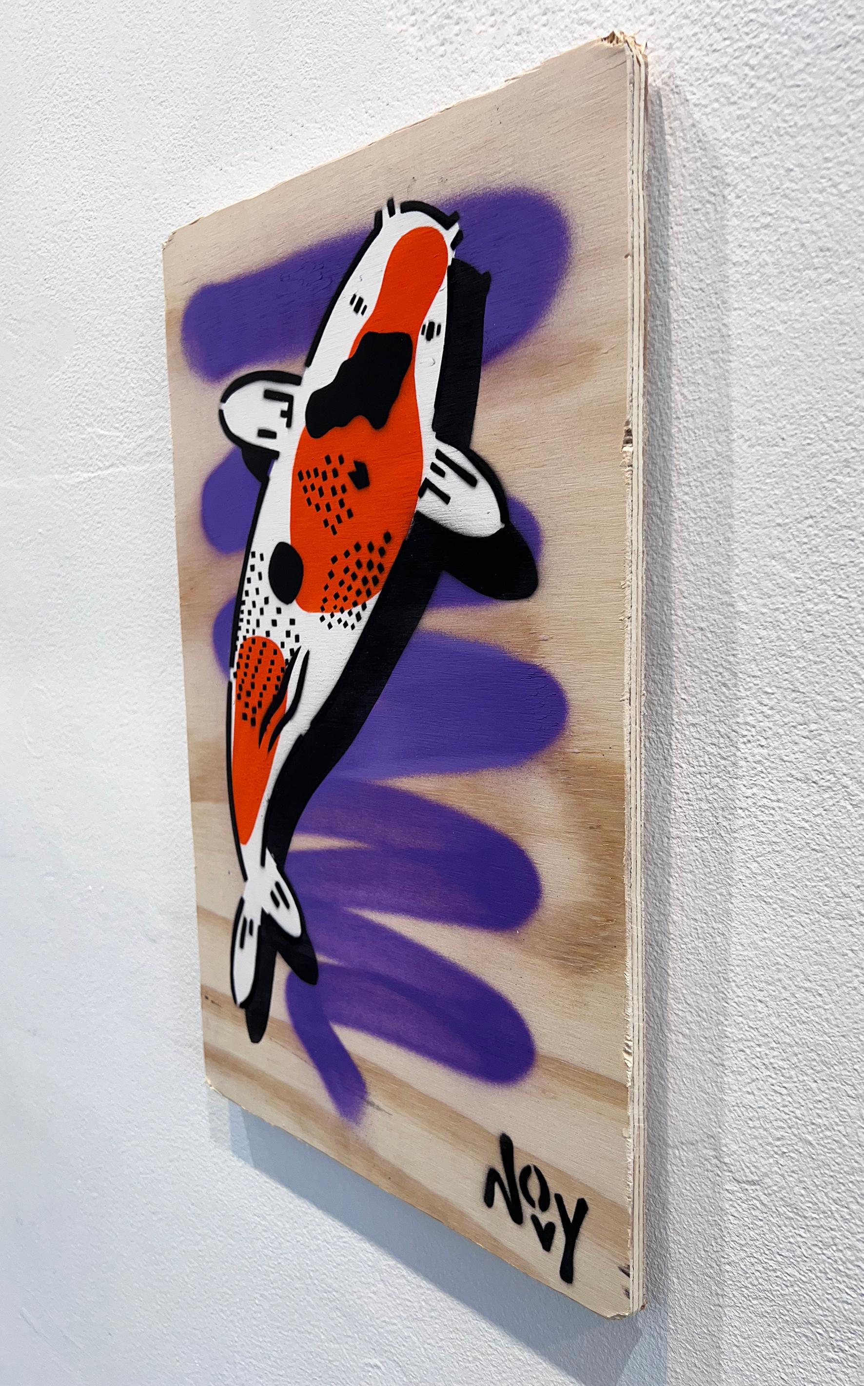 Novy’s most-established series of koi fish references propaganda posters and anti-authoritarian symbols in Chinese art under communism. Koi traditionally symbolize the lessons and trials people often encounter in life and, as koi are able to swim