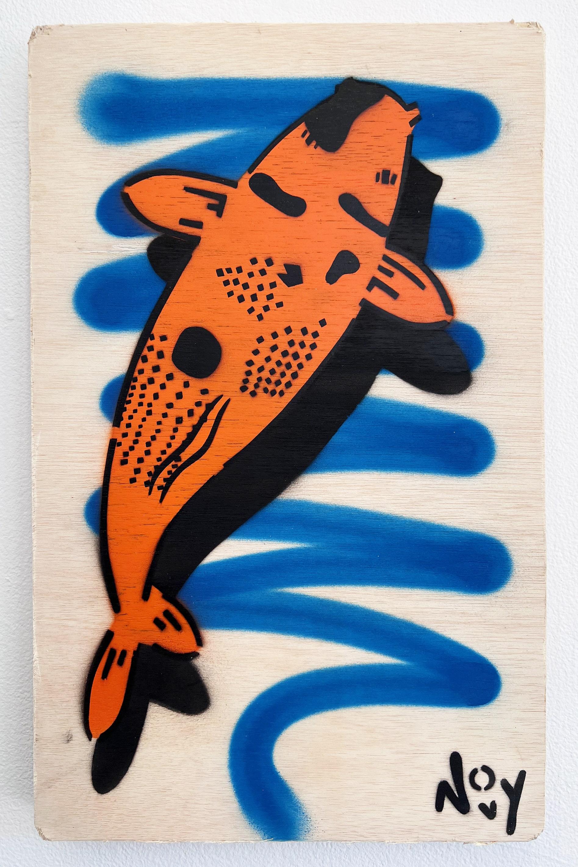 Luck 2 - Stencil Koi Blue Art - Painting by Jeremy Novy