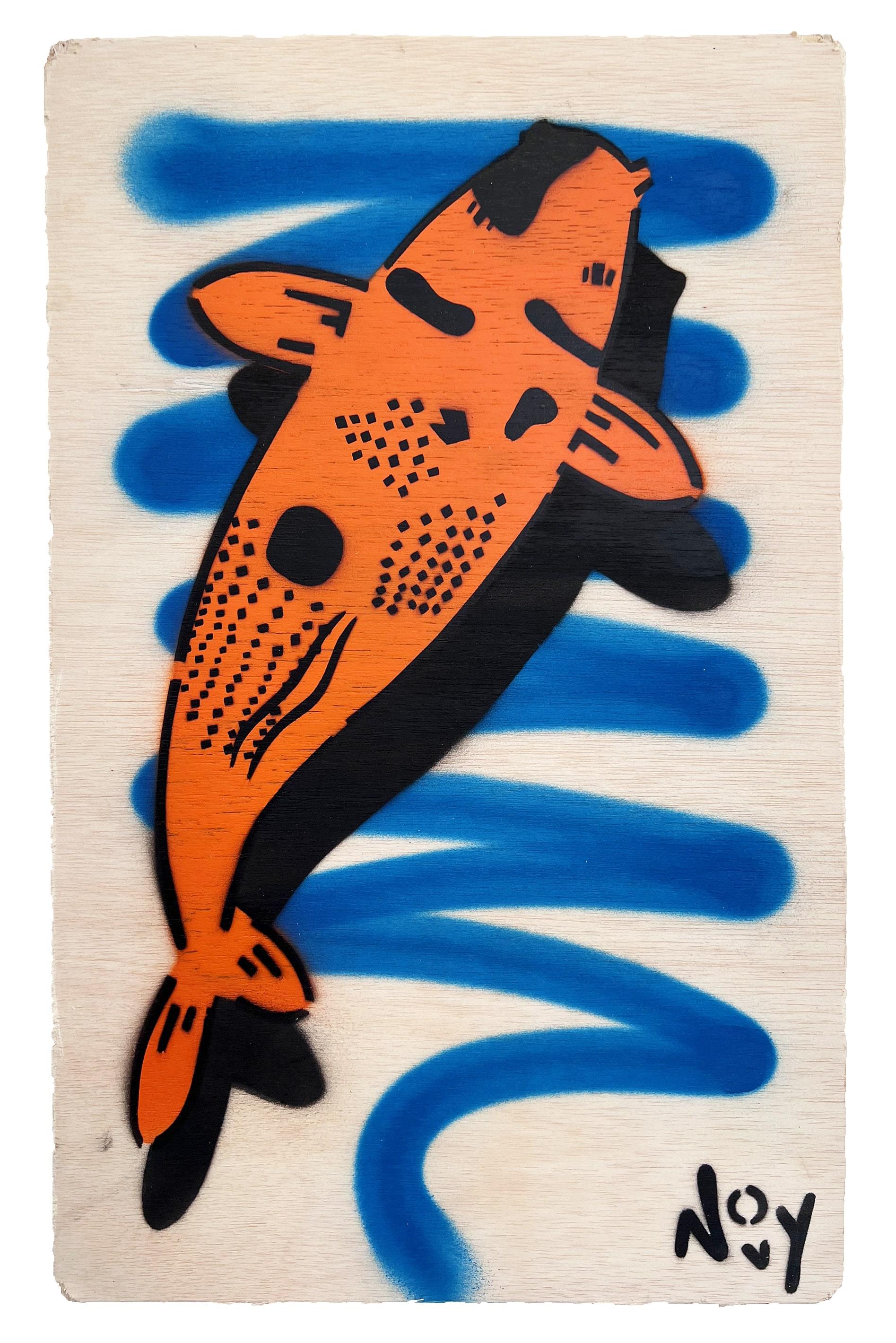 Jeremy Novy Animal Painting - Luck 2 - Stencil Koi Blue Art