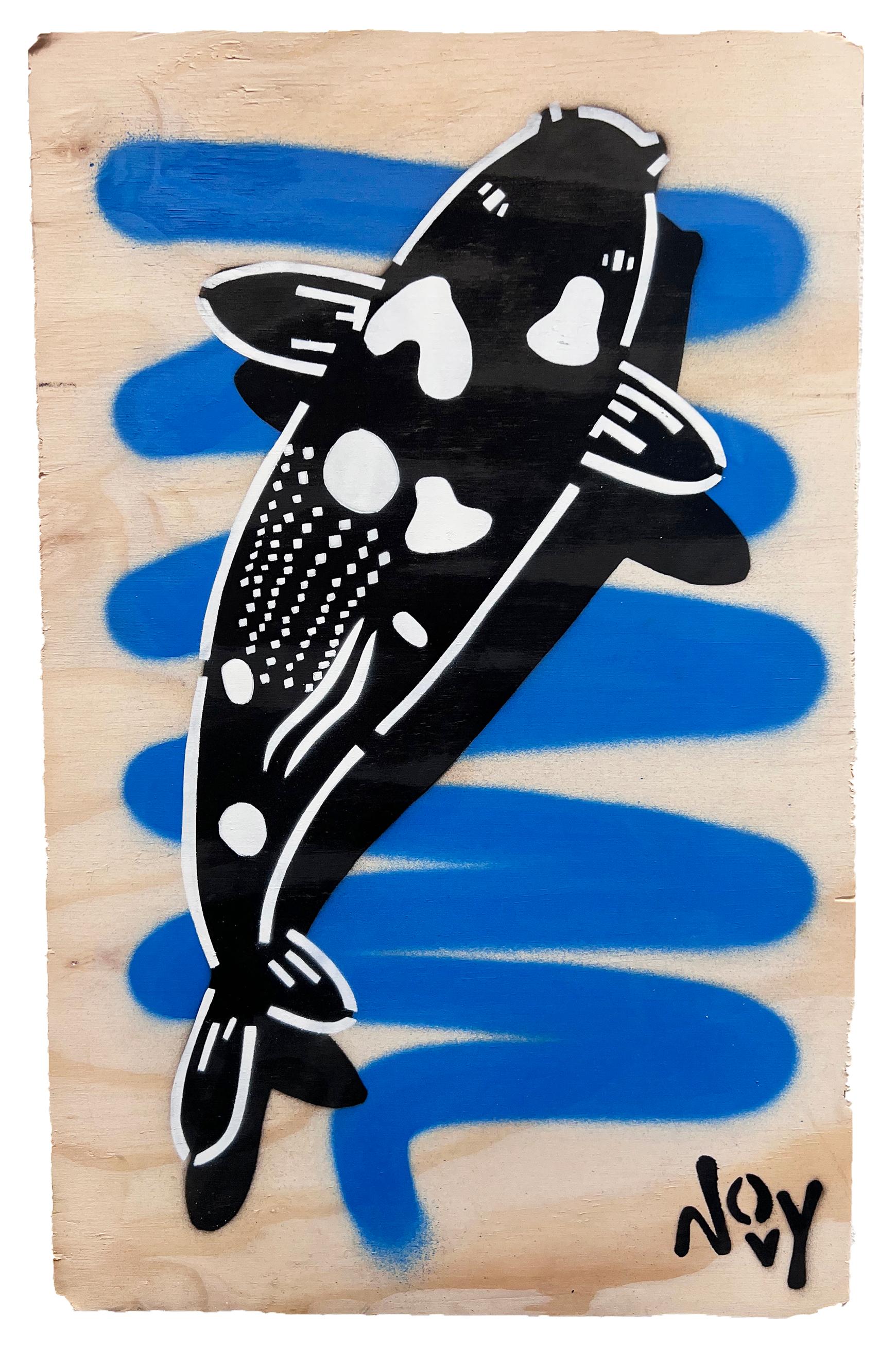 Jeremy Novy Animal Painting - Prosperity 4 - Koi Blue Stencil Art