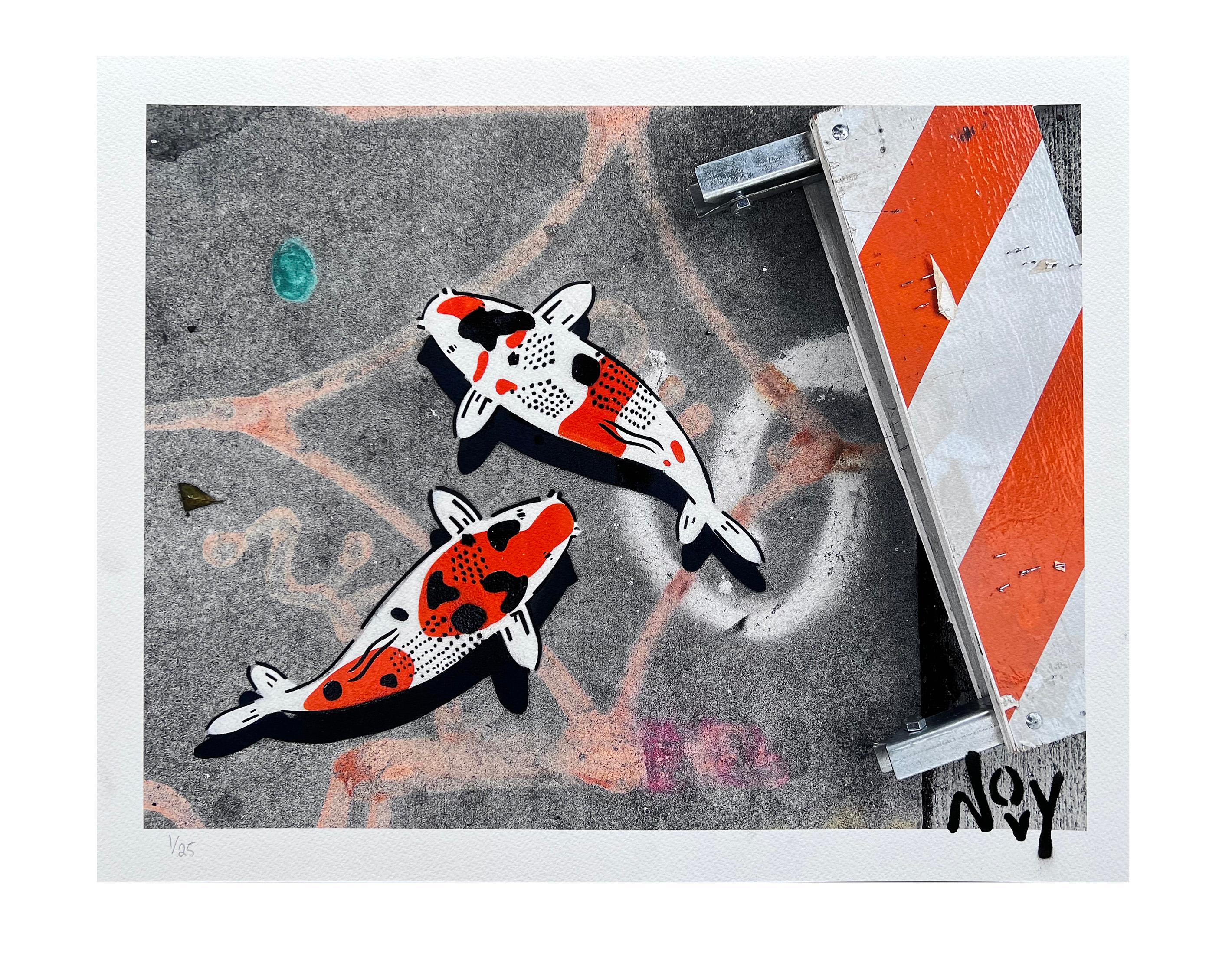 'Double Happiness Fine Art Print' is a limited edition koi fine art print by street artist Jeremy Novy. It measures 16 x 20 inches in size, with the printed image itself spanning 14 x 18 inches. This piece is part of a limited edition collection,