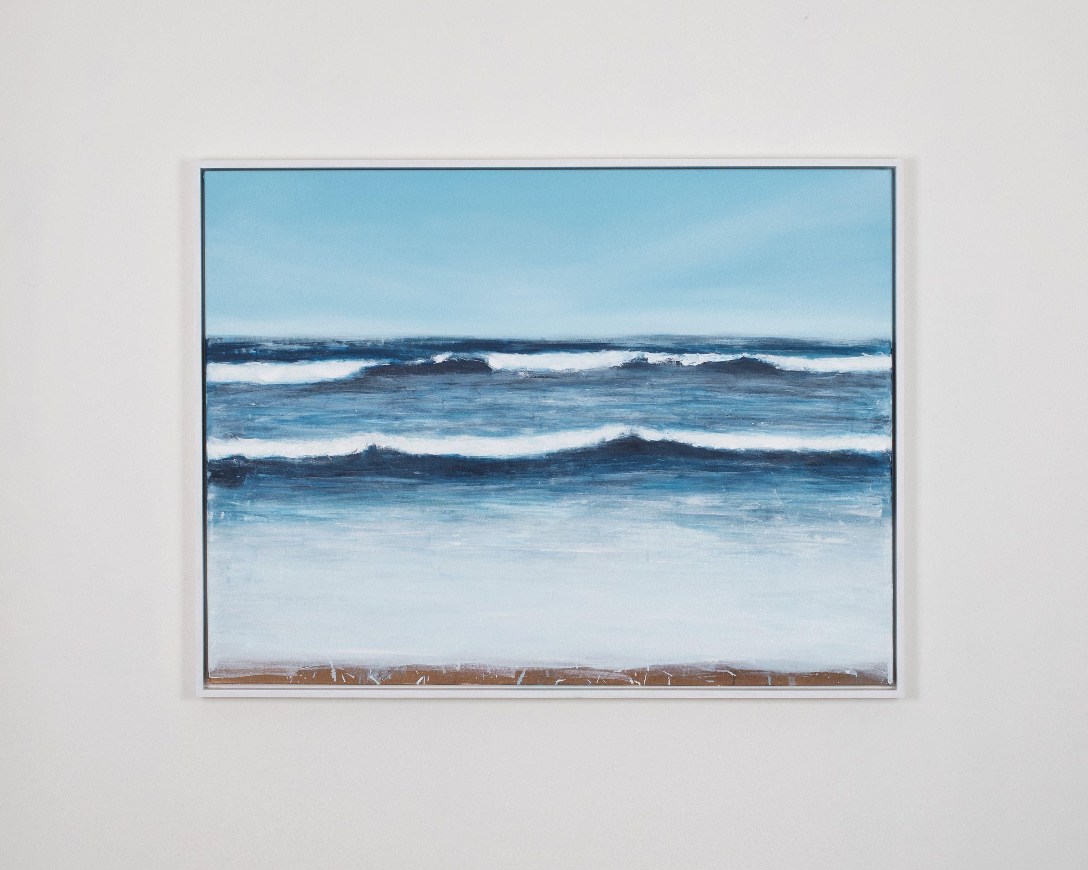 Original abstract seascape painting, inspired by the coastline of the Pacific Ocean.    Created using oil paint on gallery wrapped canvas. The sides of the paintings are finished as a continuation of the front. Installed in a white wood floating