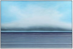 Grande œuvre d'art contemporaine minimaliste bleue encadrée sans titre n° 733