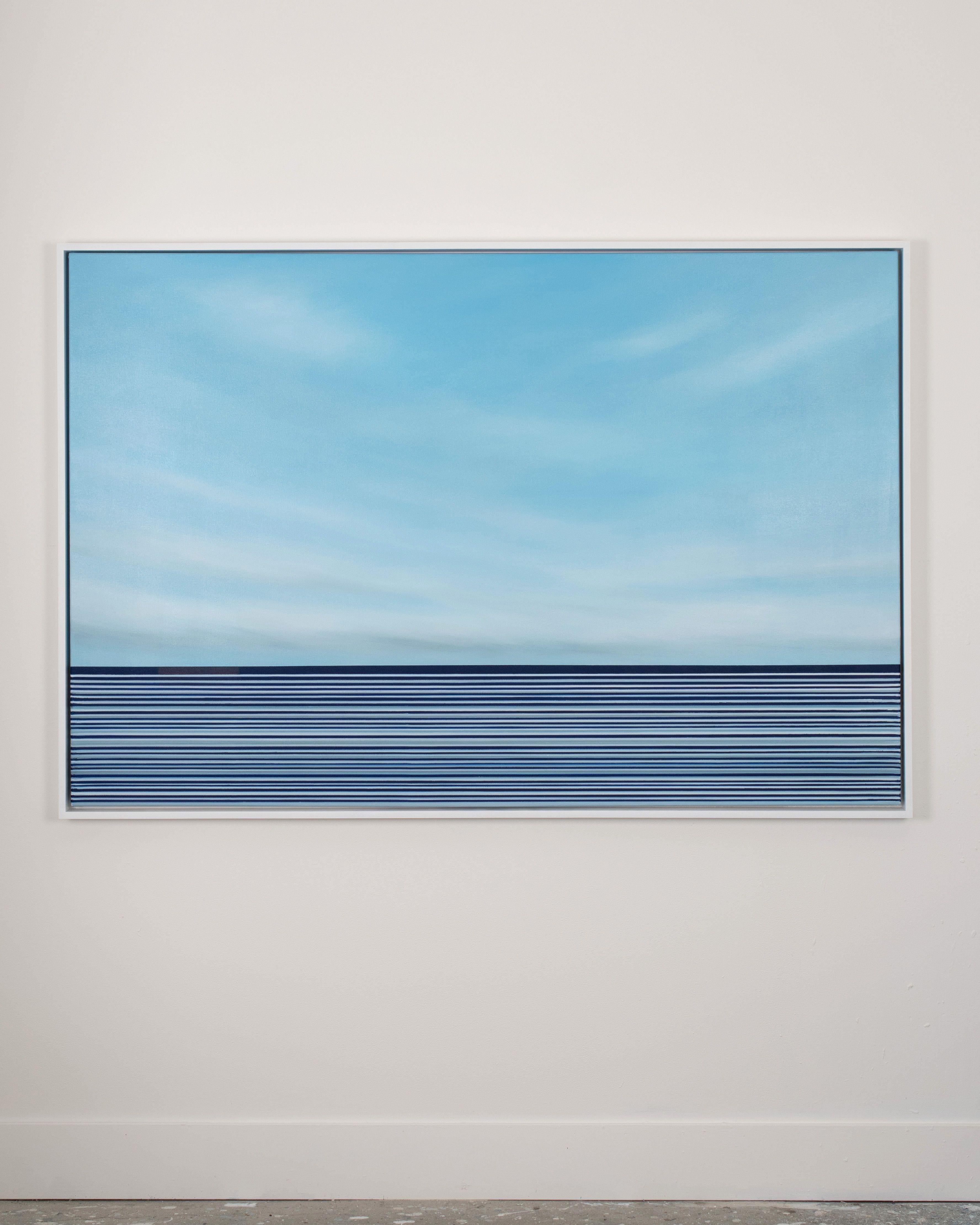 Original minimalist seascape painting. Inspired by the coastline of the Pacific Ocean, with the multiple horizon lines referencing the continuous rhythm of the sea. Oil paint on gallery wrapped canvas, with the sides of the painting finished as a