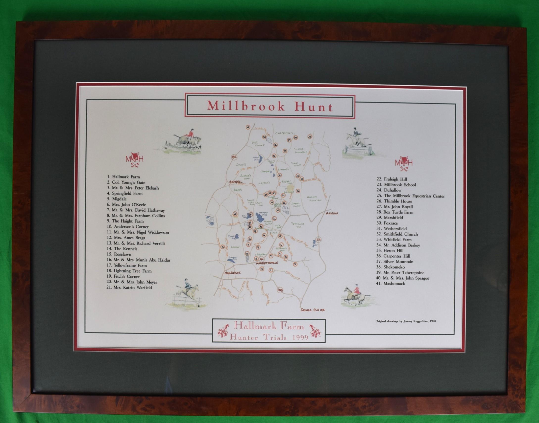 Print Sz: 15 3/4"H x 22 3/4"W

Frame Sz: 23 3/4"H x 31 1/4"W

w/ 41 designated locations

Founded in the 1890’s, the Millbrook Hunt is widely acknowledged as one of the premier equestrian organizations in North America and has been a fixture here