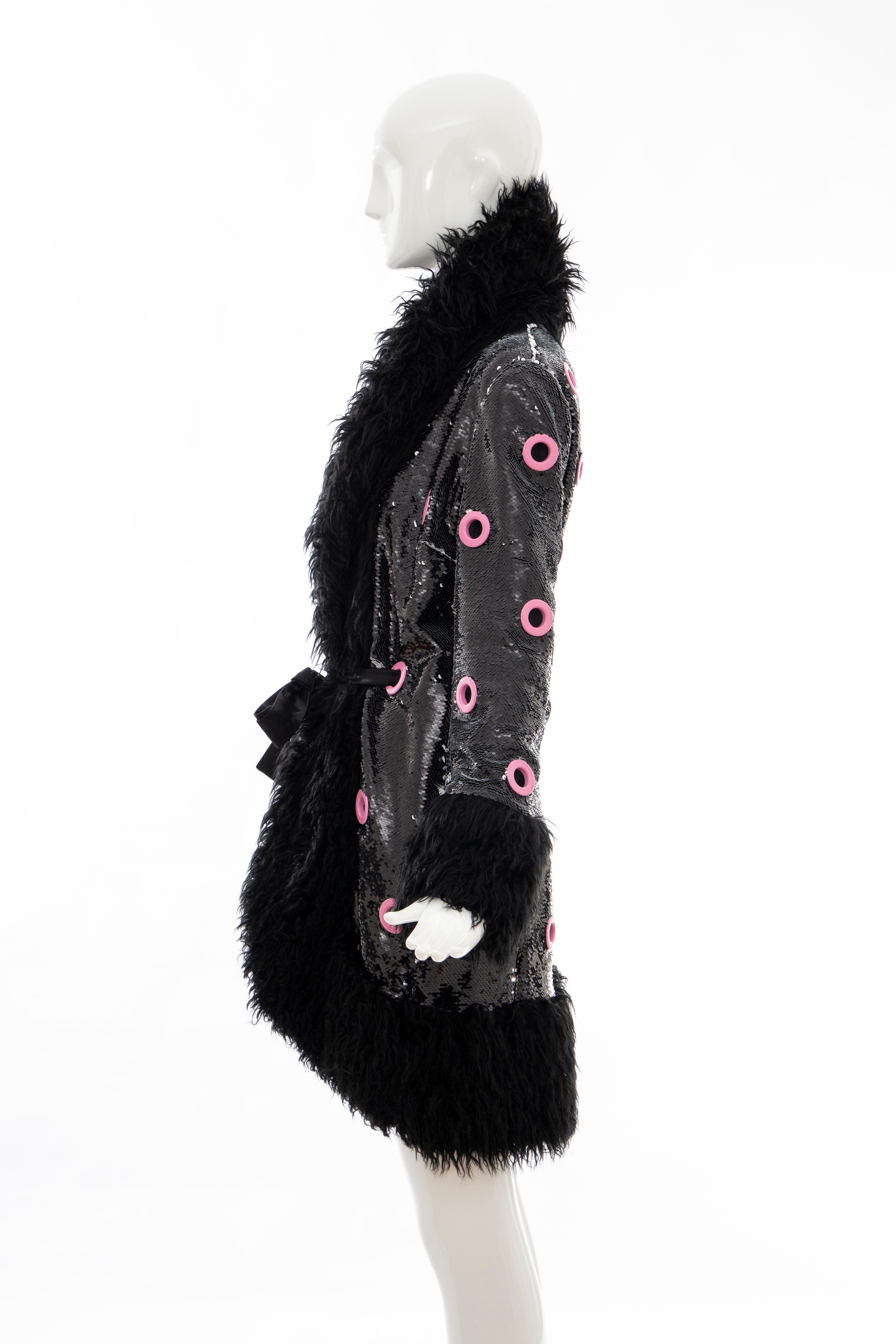 Jeremy Scott Runway Black Sequins Faux Fur Pink Enamel Grommets Coat, Fall 2016 6