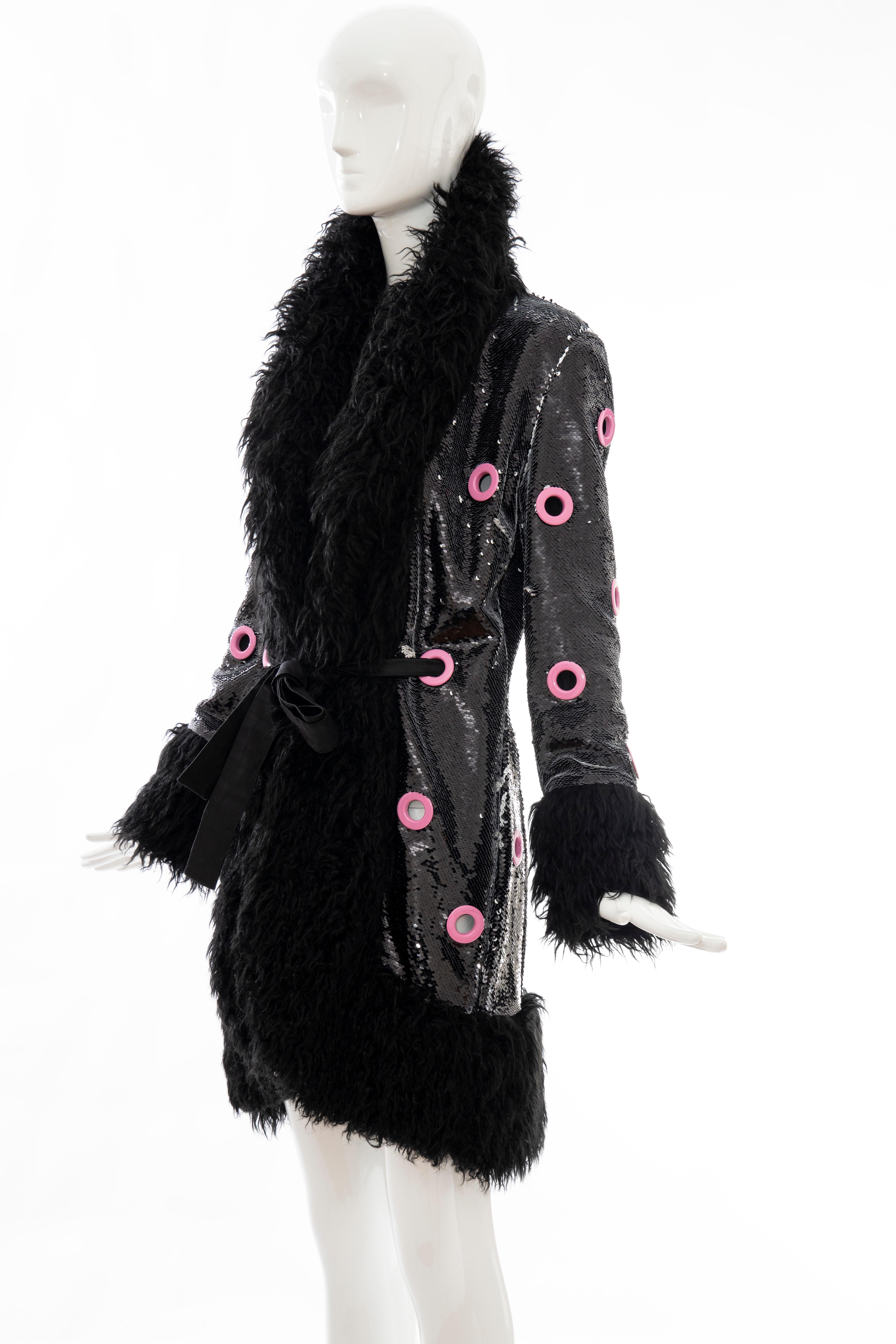 Jeremy Scott Runway Black Sequins Faux Fur Pink Enamel Grommets Coat, Fall 2016 7