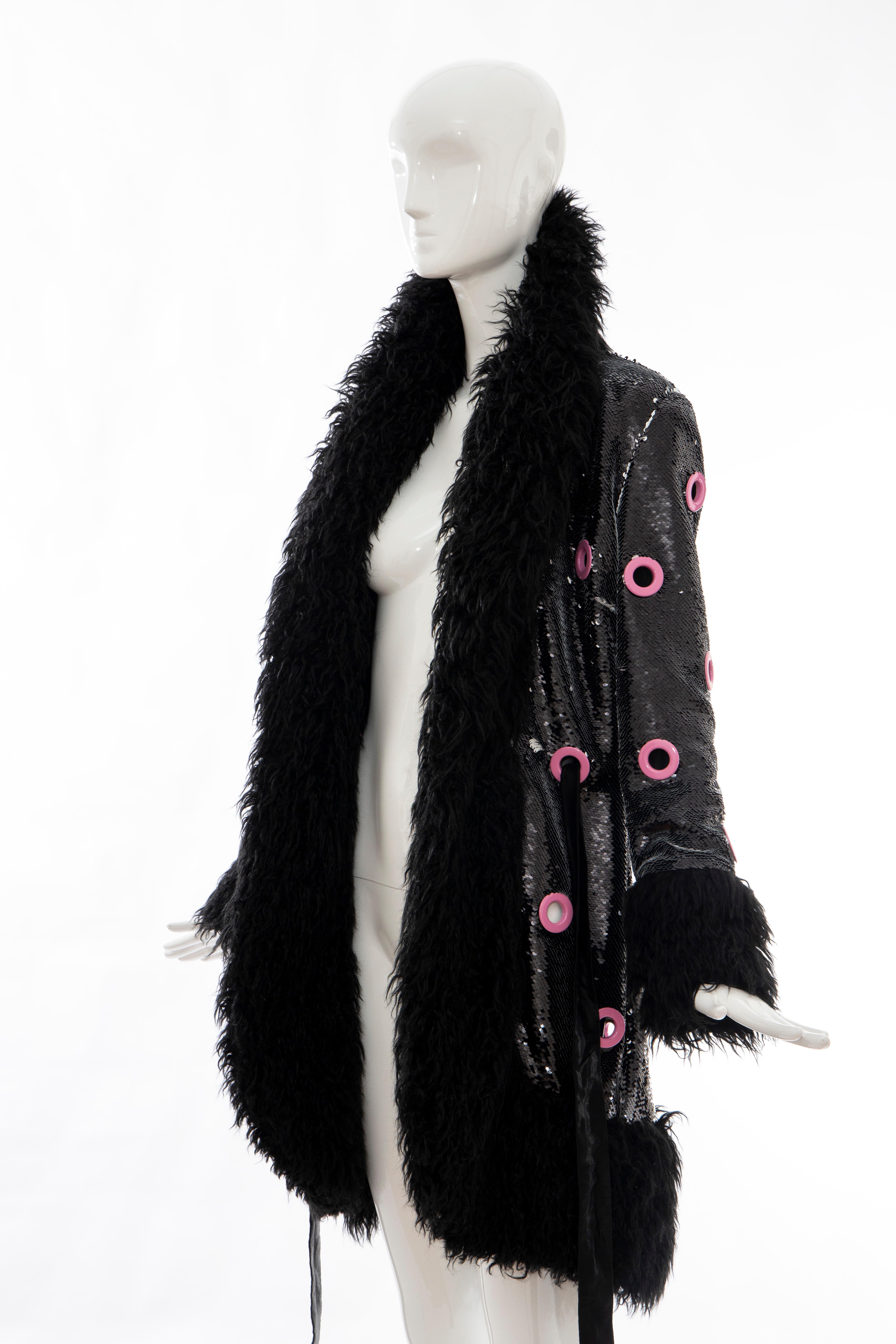 Jeremy Scott Runway Black Sequins Faux Fur Pink Enamel Grommets Coat, Fall 2016 9