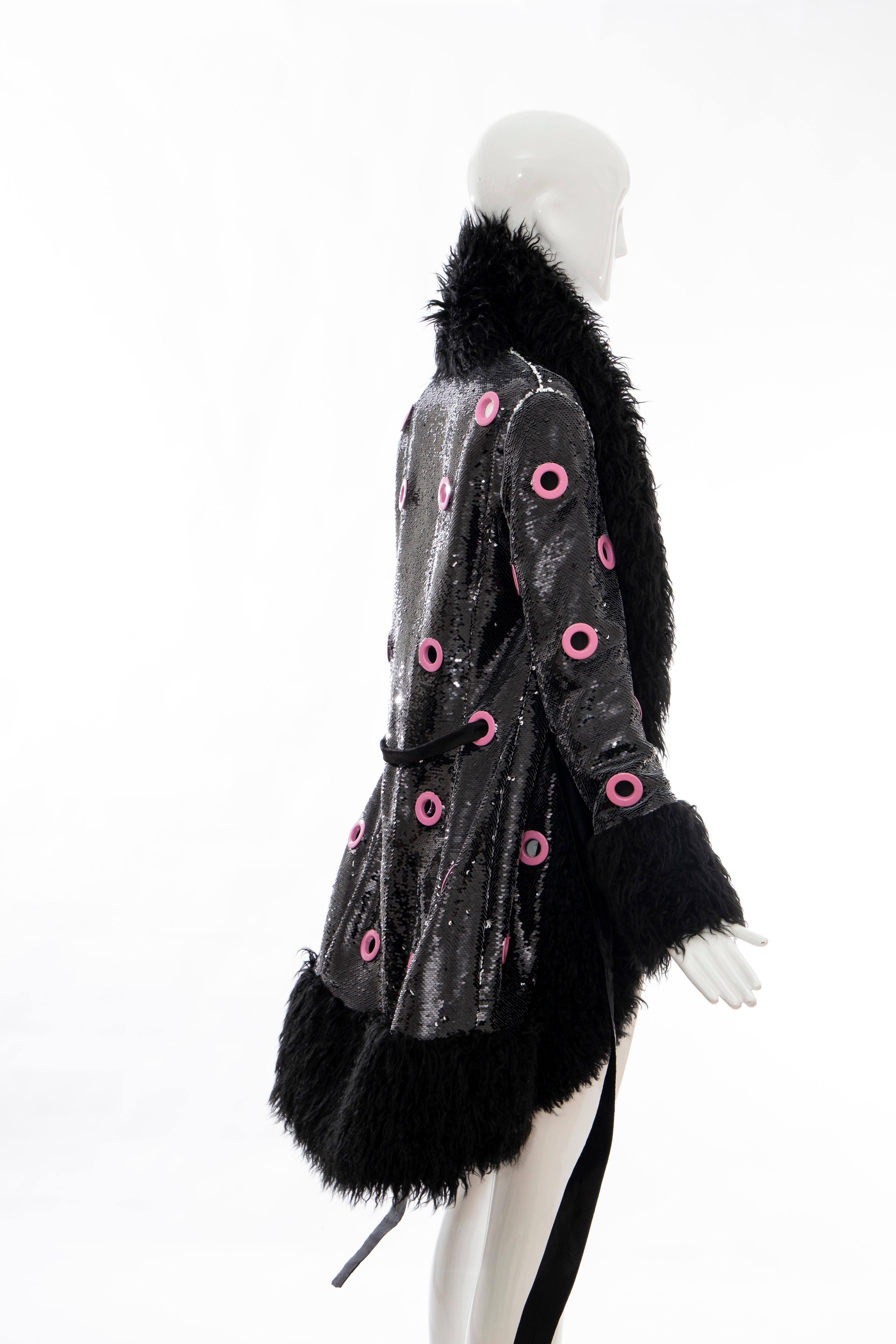 Jeremy Scott Runway Black Sequins Faux Fur Pink Enamel Grommets Coat, Fall 2016 10