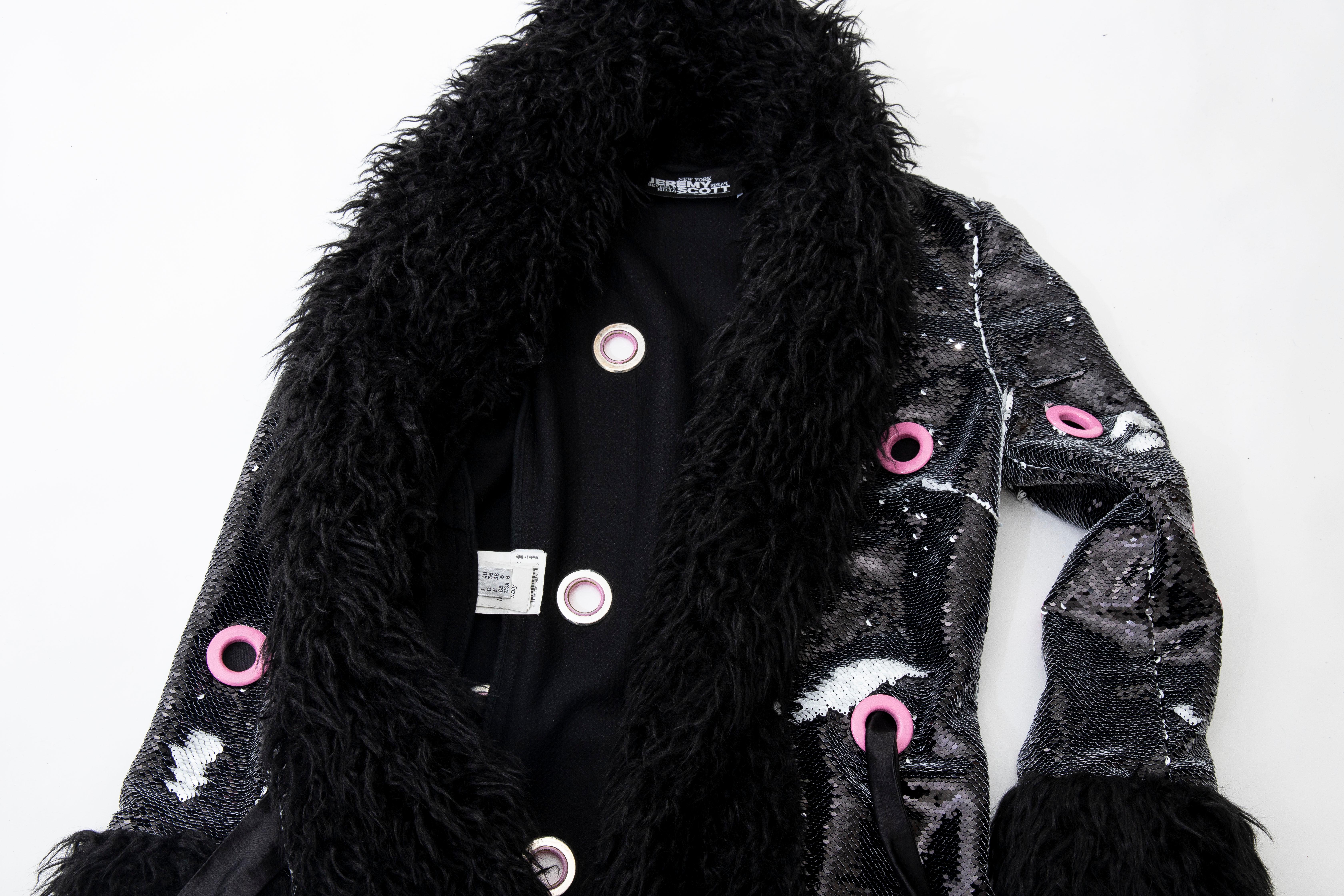 Jeremy Scott Runway Black Sequins Faux Fur Pink Enamel Grommets Coat, Fall 2016 12
