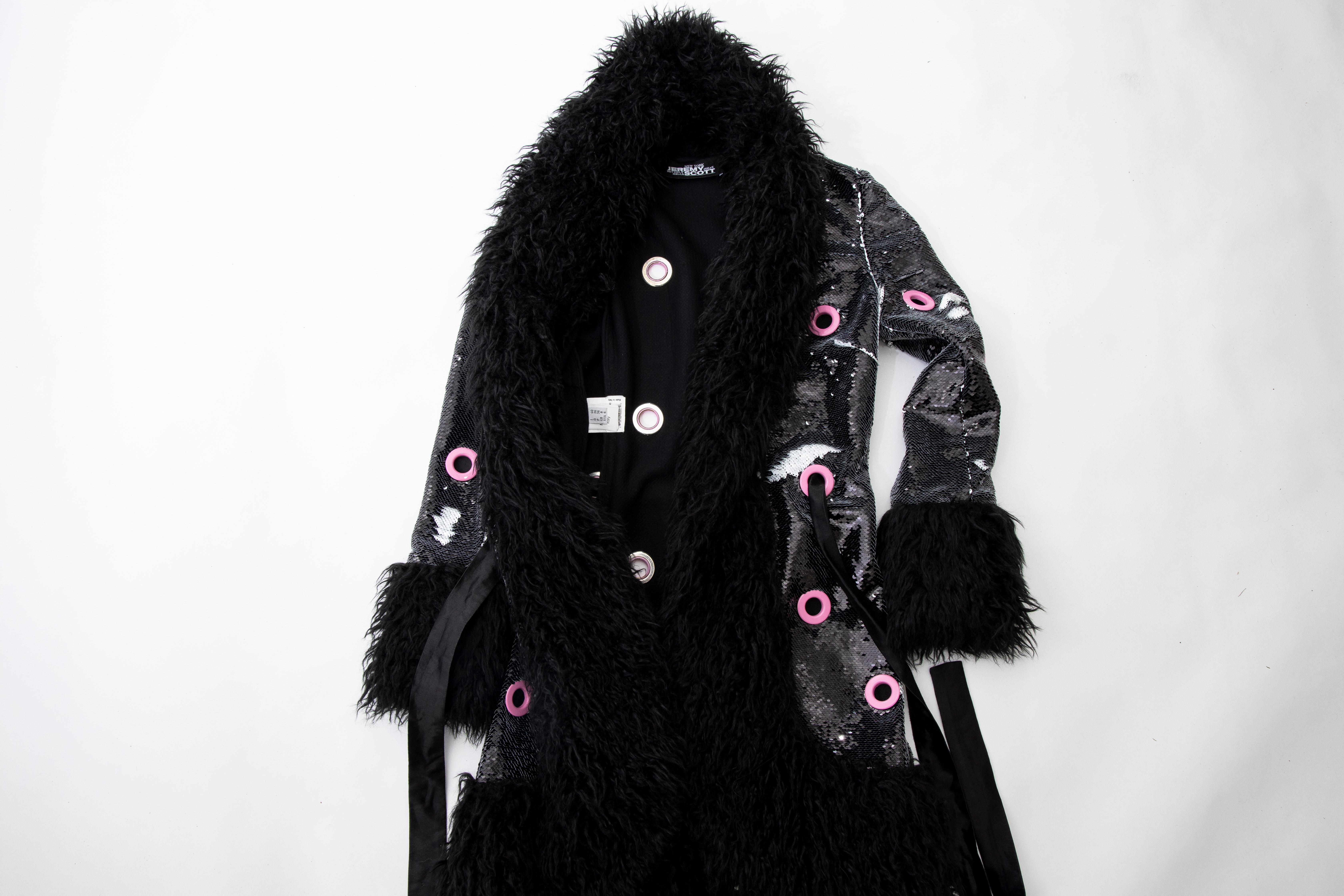 Jeremy Scott Runway Black Sequins Faux Fur Pink Enamel Grommets Coat, Fall 2016 13