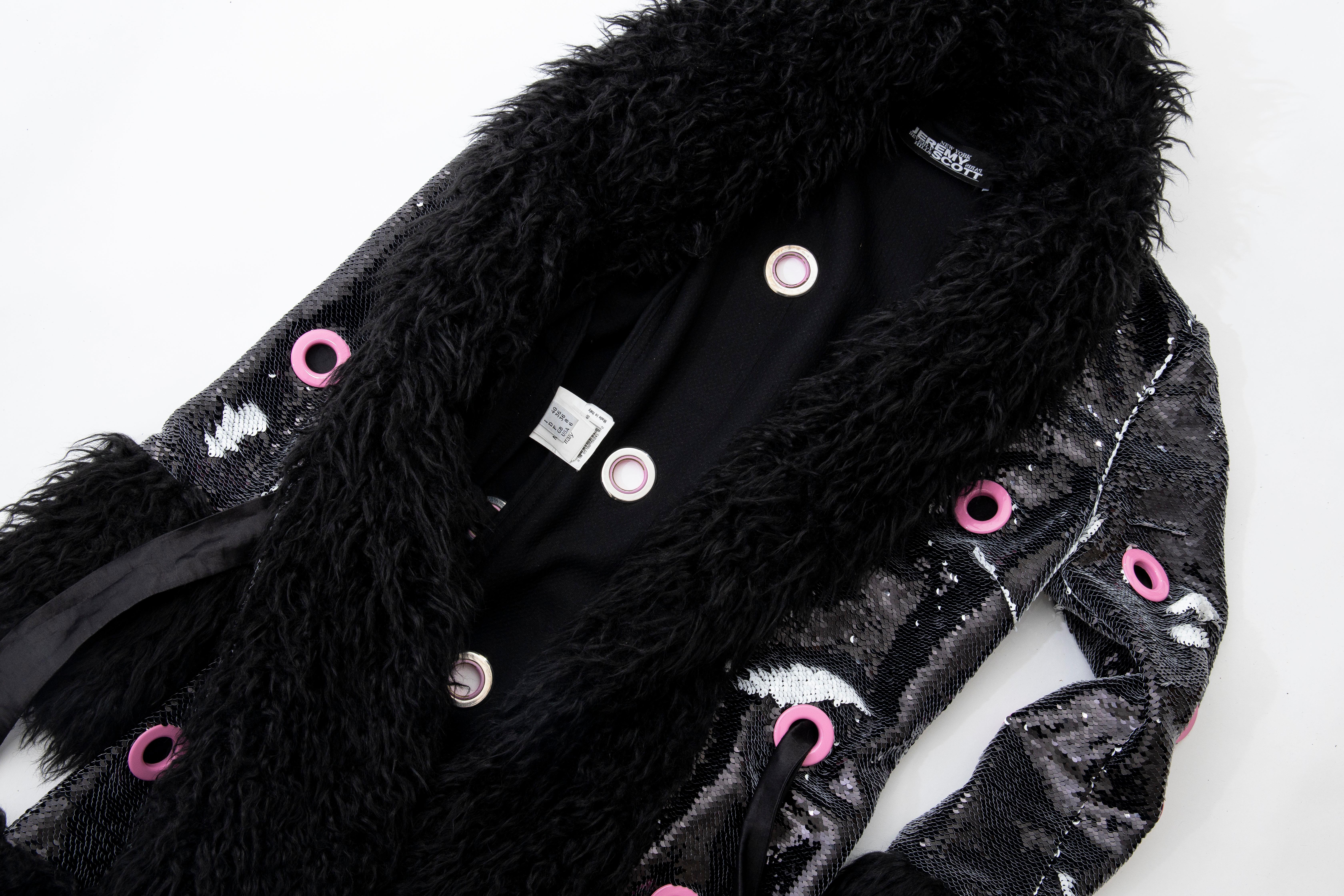 Jeremy Scott Runway Black Sequins Faux Fur Pink Enamel Grommets Coat, Fall 2016 14