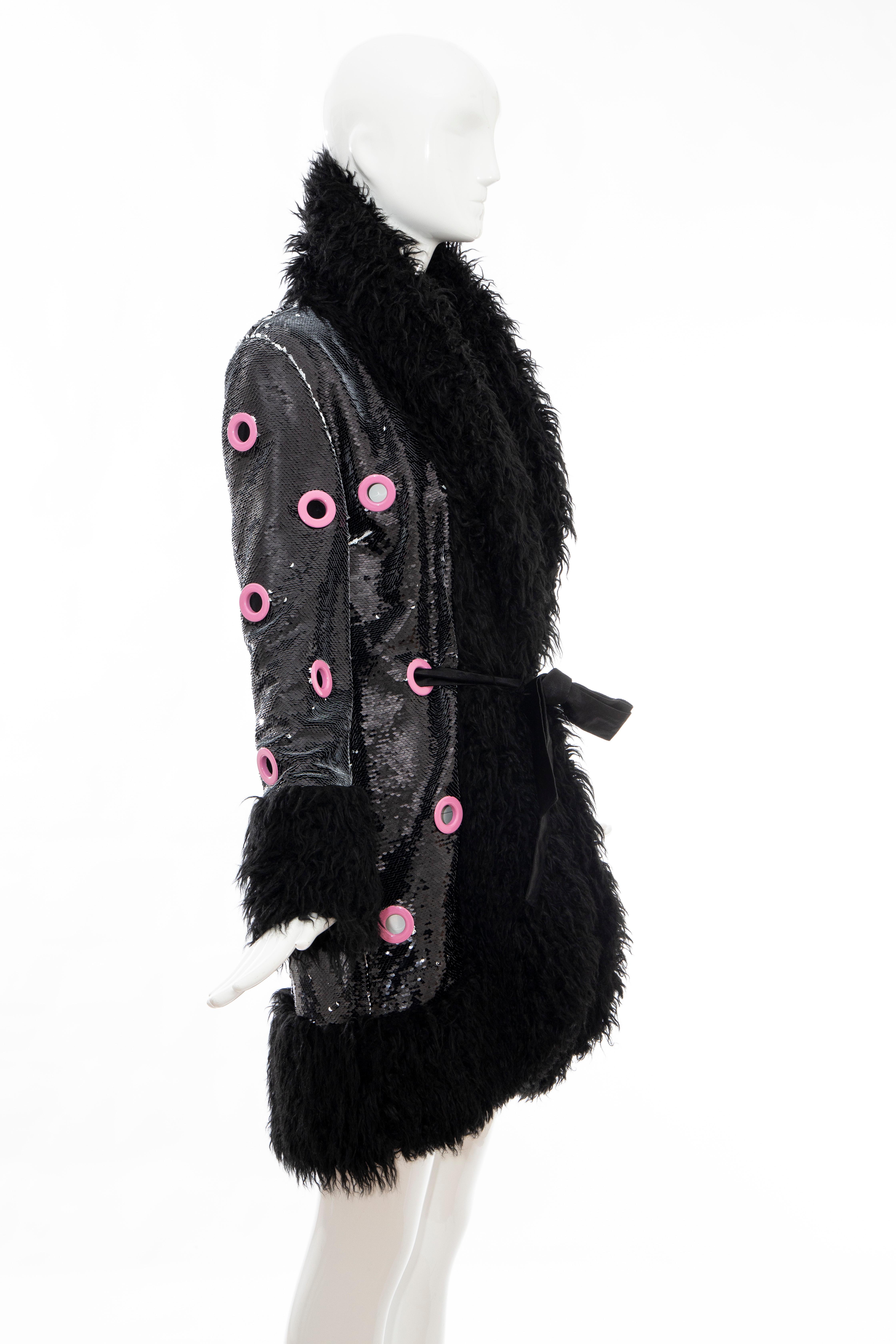 Women's Jeremy Scott Runway Black Sequins Faux Fur Pink Enamel Grommets Coat, Fall 2016