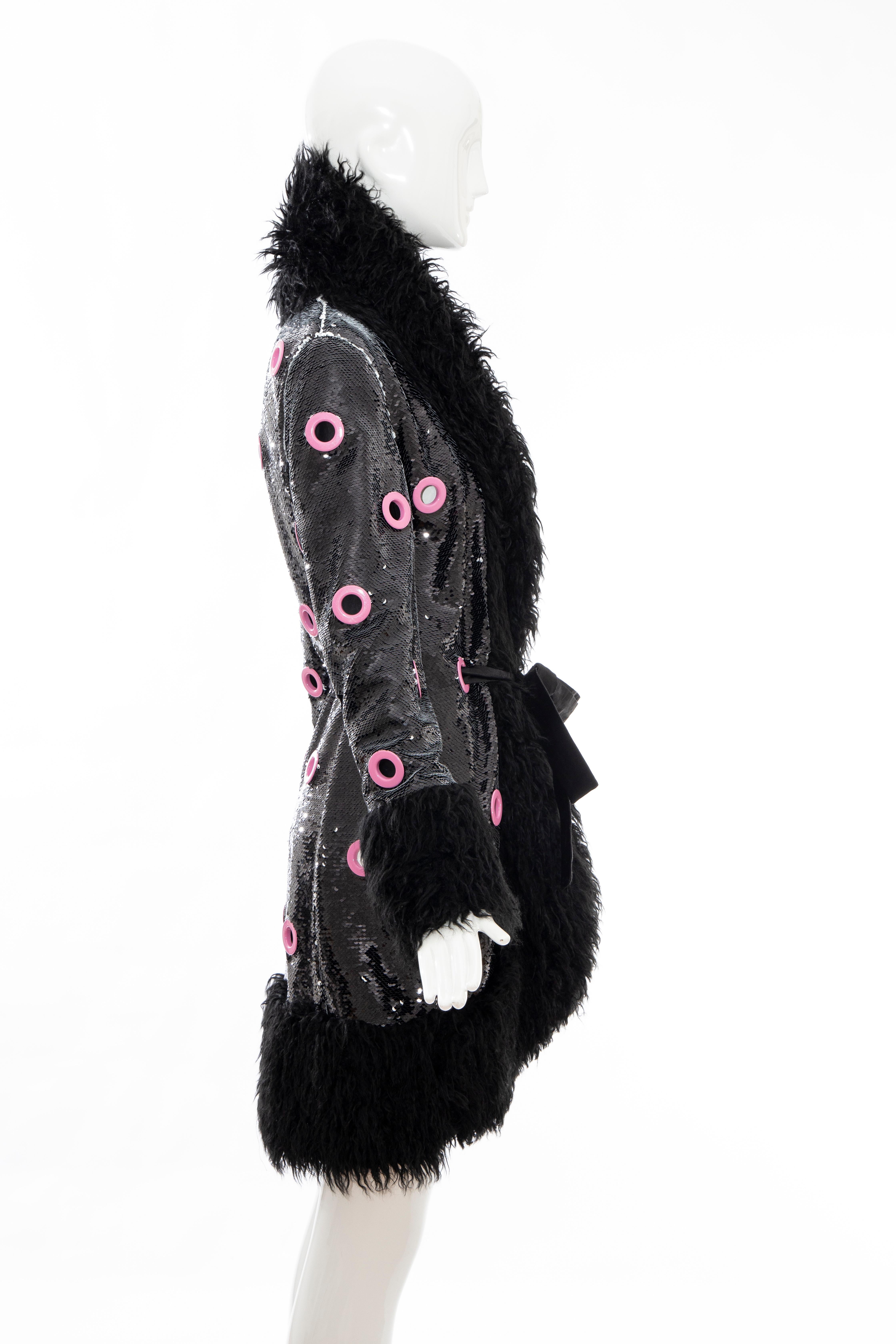 Jeremy Scott Runway Black Sequins Faux Fur Pink Enamel Grommets Coat, Fall 2016 1