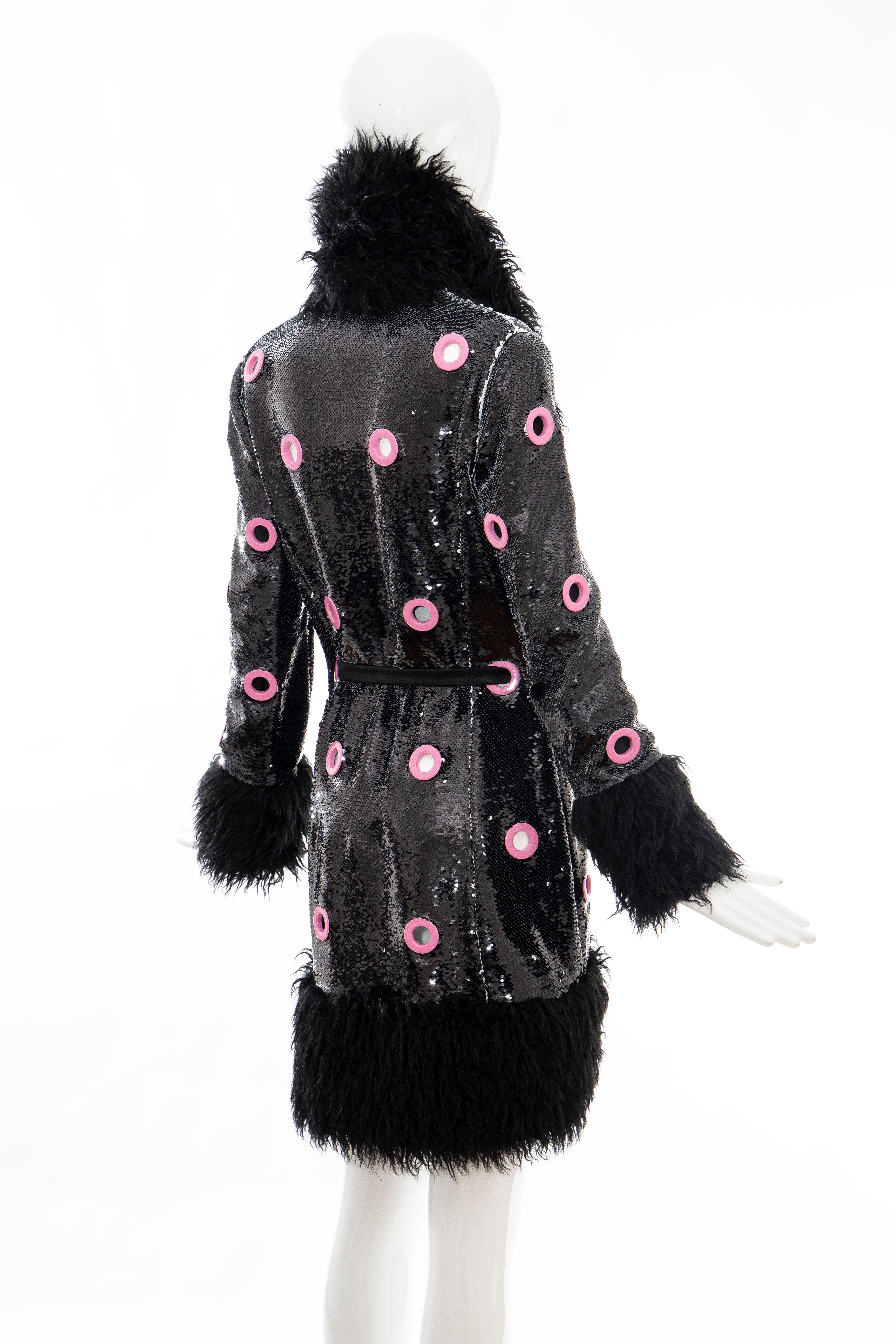 Jeremy Scott Runway Black Sequins Faux Fur Pink Enamel Grommets Coat, Fall 2016 2