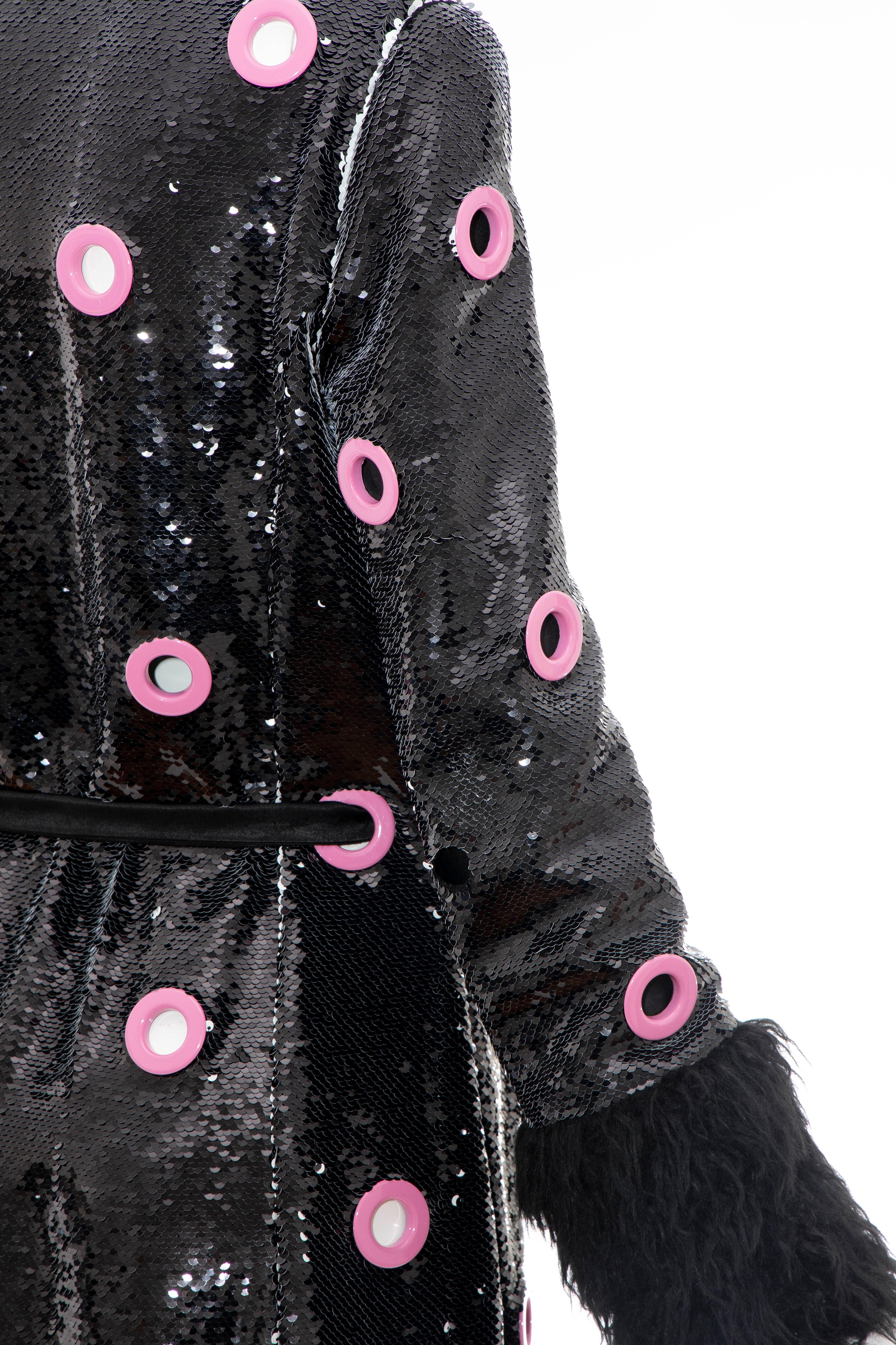 Jeremy Scott Runway Black Sequins Faux Fur Pink Enamel Grommets Coat, Fall 2016 3