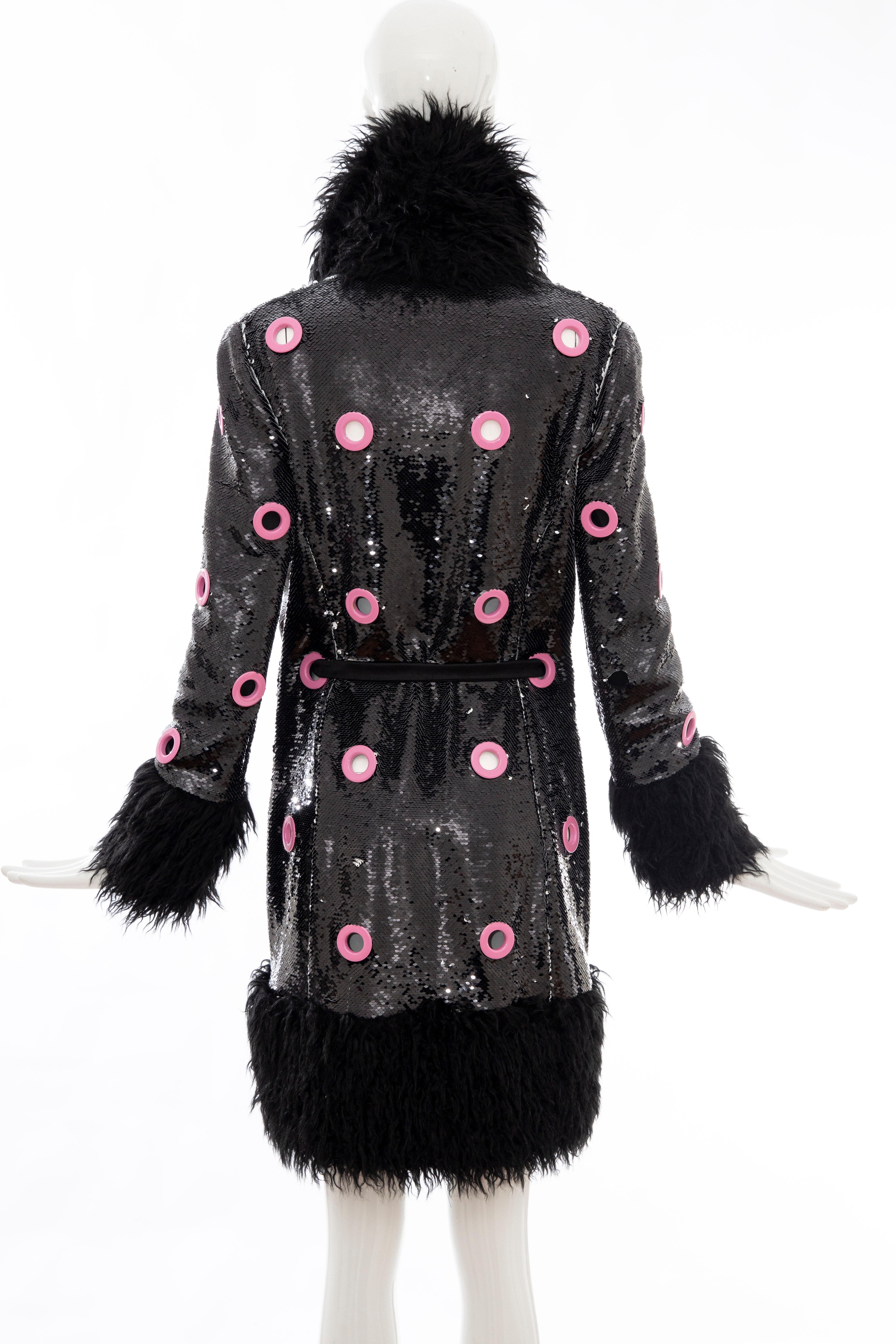 Jeremy Scott Runway Black Sequins Faux Fur Pink Enamel Grommets Coat, Fall 2016 4