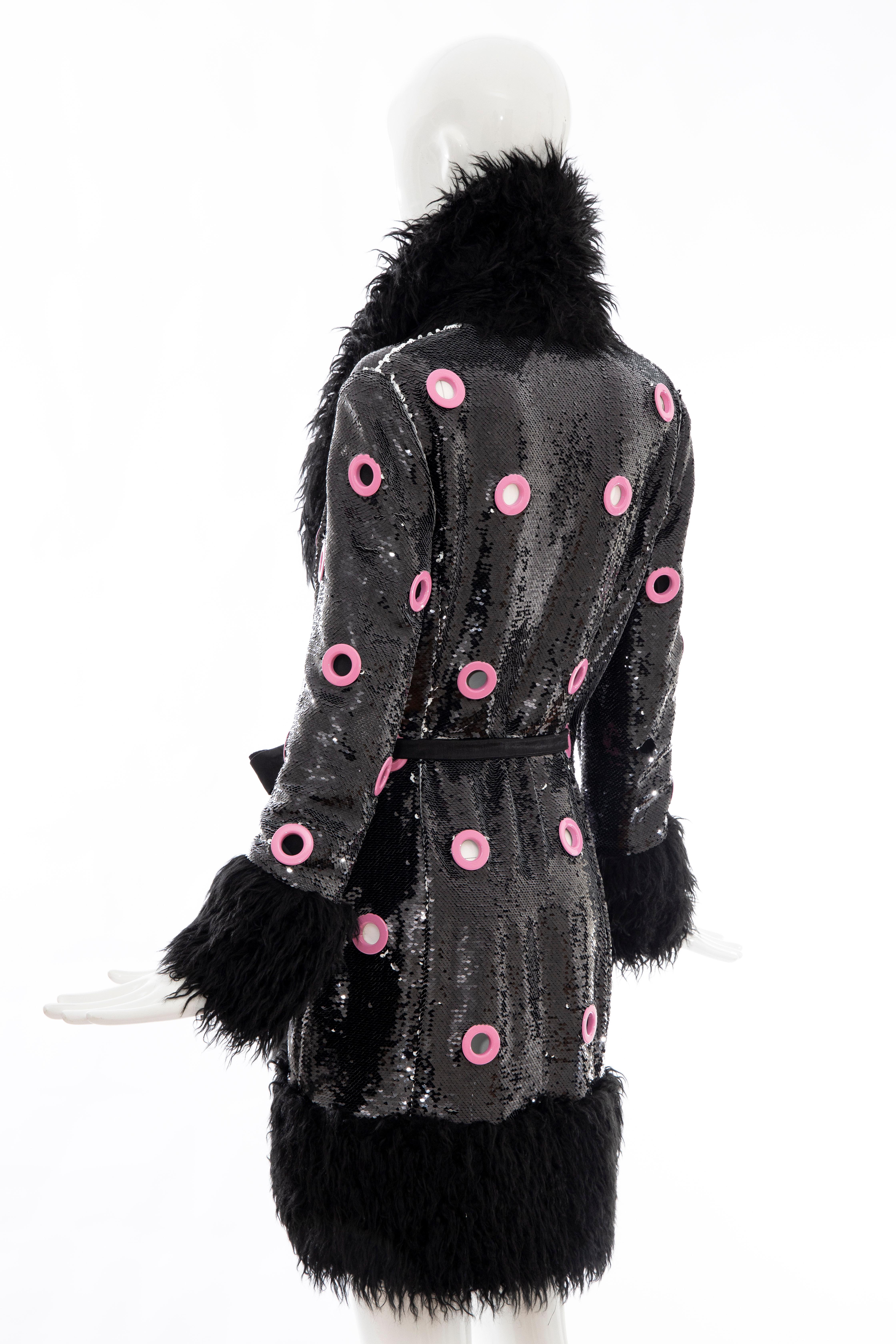 Jeremy Scott Runway Black Sequins Faux Fur Pink Enamel Grommets Coat, Fall 2016 5