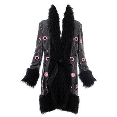 Jeremy Scott Runway Black Sequins Faux Fur Pink Enamel Grommets Coat, Fall 2016