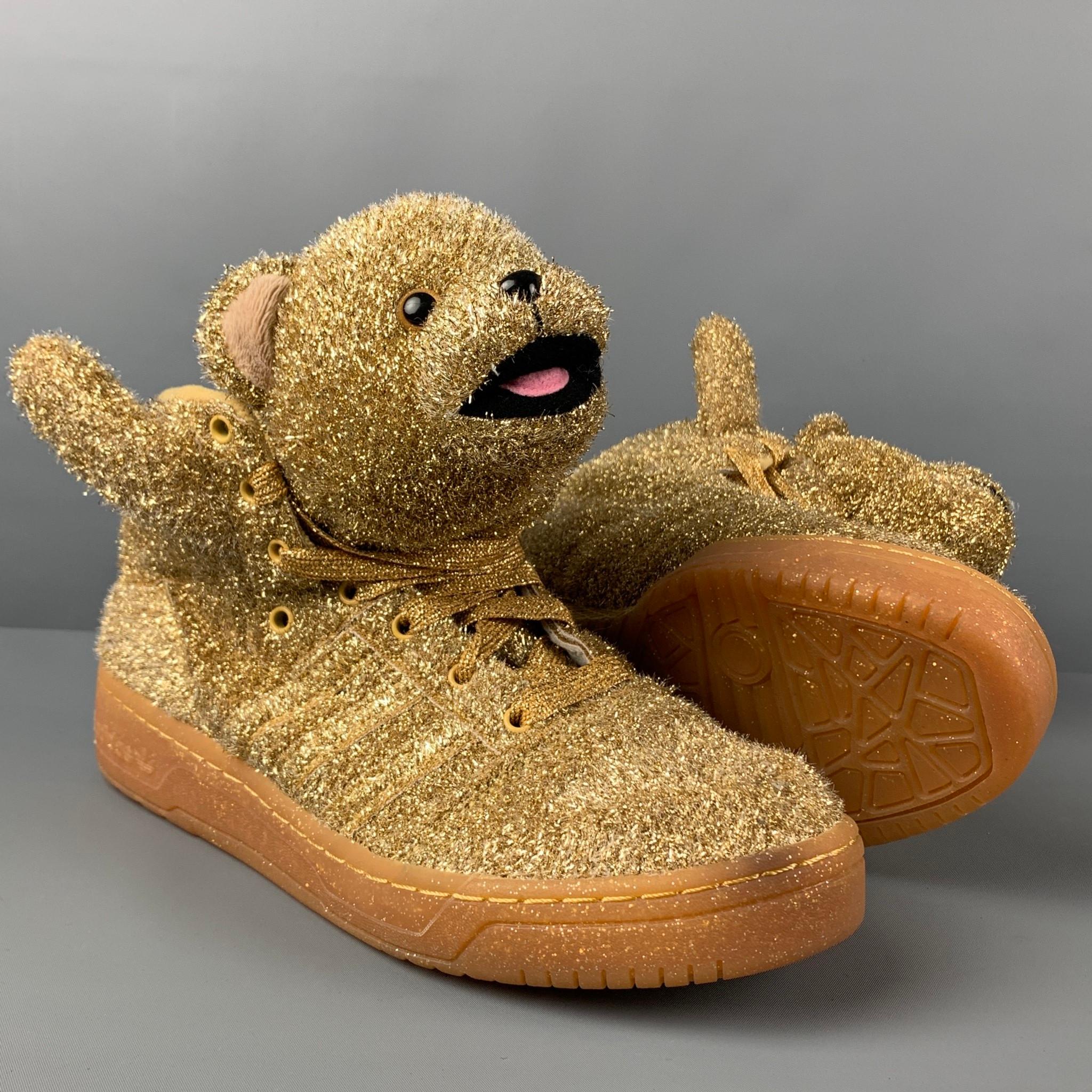 JEREMY SCOTT x ADIDAS Size 11 Tinsel Gold Metallic High Top Bear Sneakers In Good Condition In San Francisco, CA