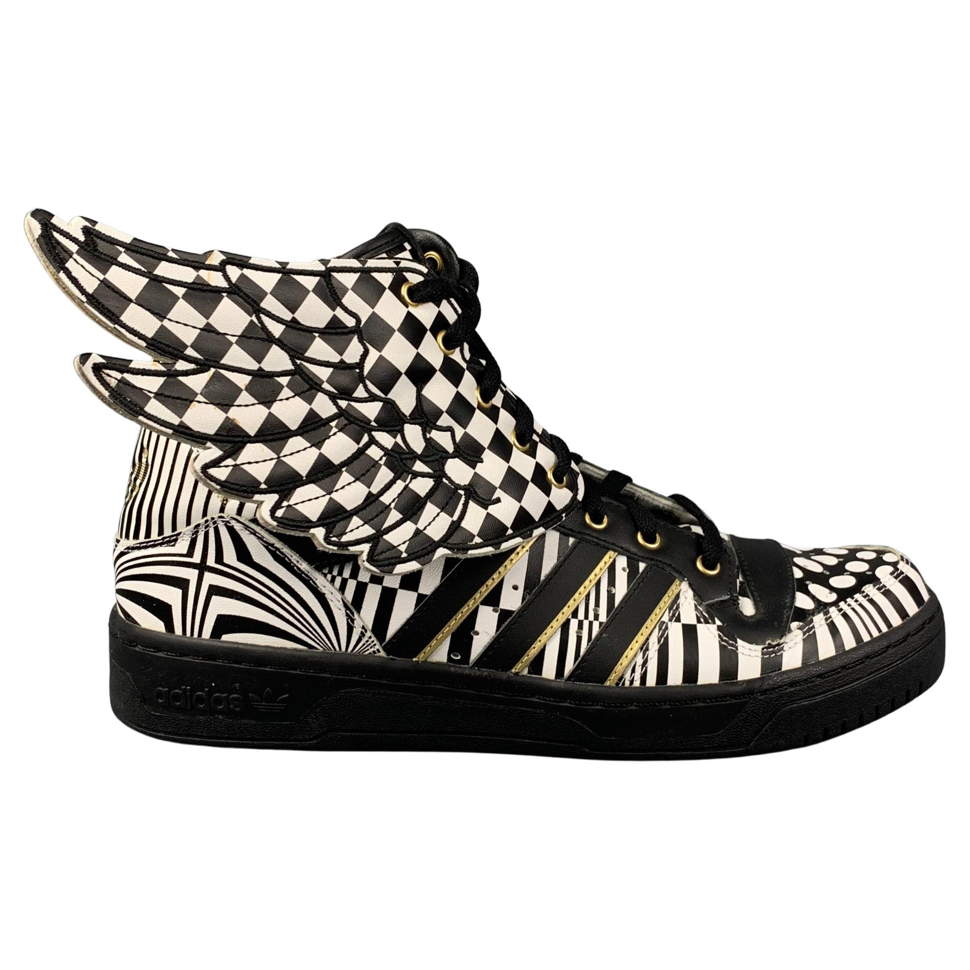 JEREMY SCOTT x ADIDAS Size 12 Black White Leather High Top Wings Opart Sneakers