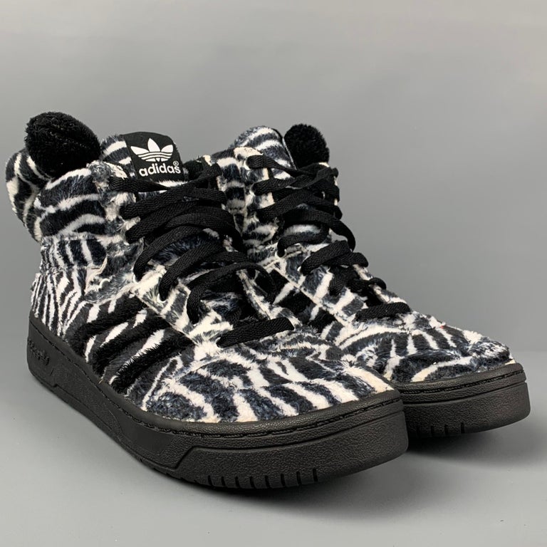 JEREMY SCOTT x ADIDAS Size 9 Black White Zebra High Top Sneakers For Sale  at 1stDibs