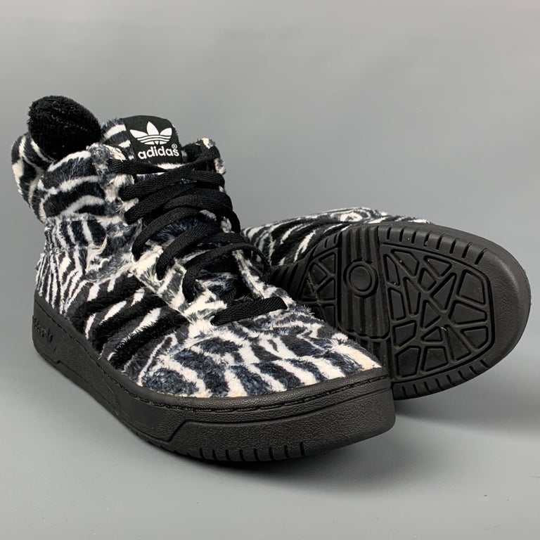 JEREMY SCOTT x ADIDAS Size 9 Black White Zebra High Top Trainers For Sale  at 1stDibs