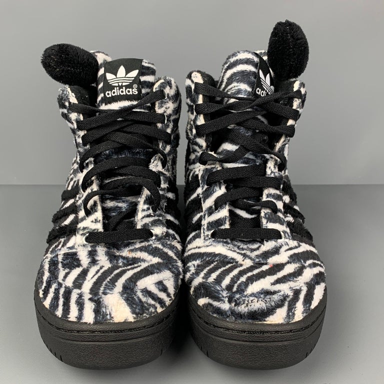 JEREMY SCOTT x ADIDAS Size 9 Black White Zebra High Top Trainers For Sale  at 1stDibs