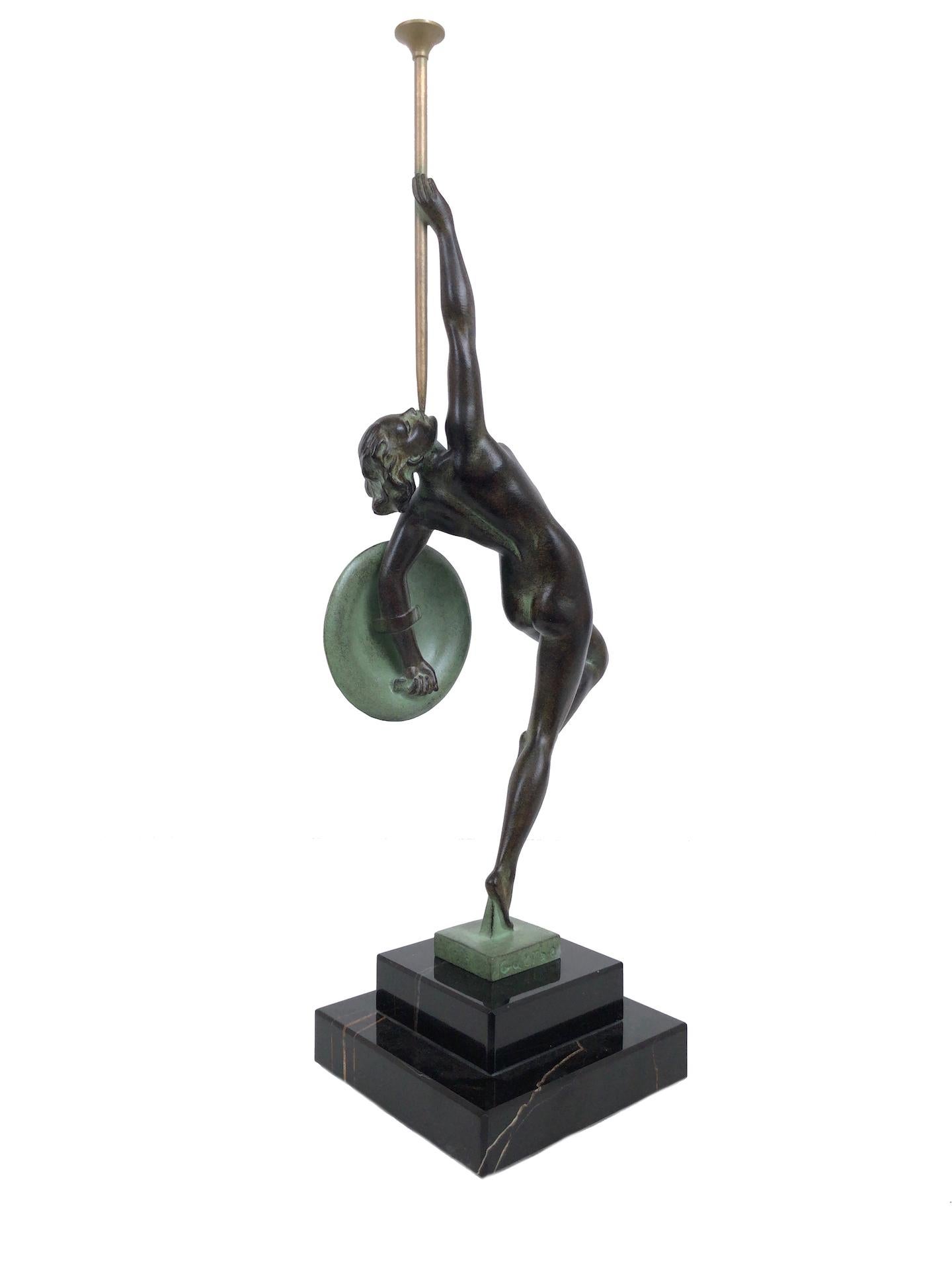 Spelter Jericho Trumpet Sculpture from Raymonde Guerbe by Max Le Verrier Art Deco Style