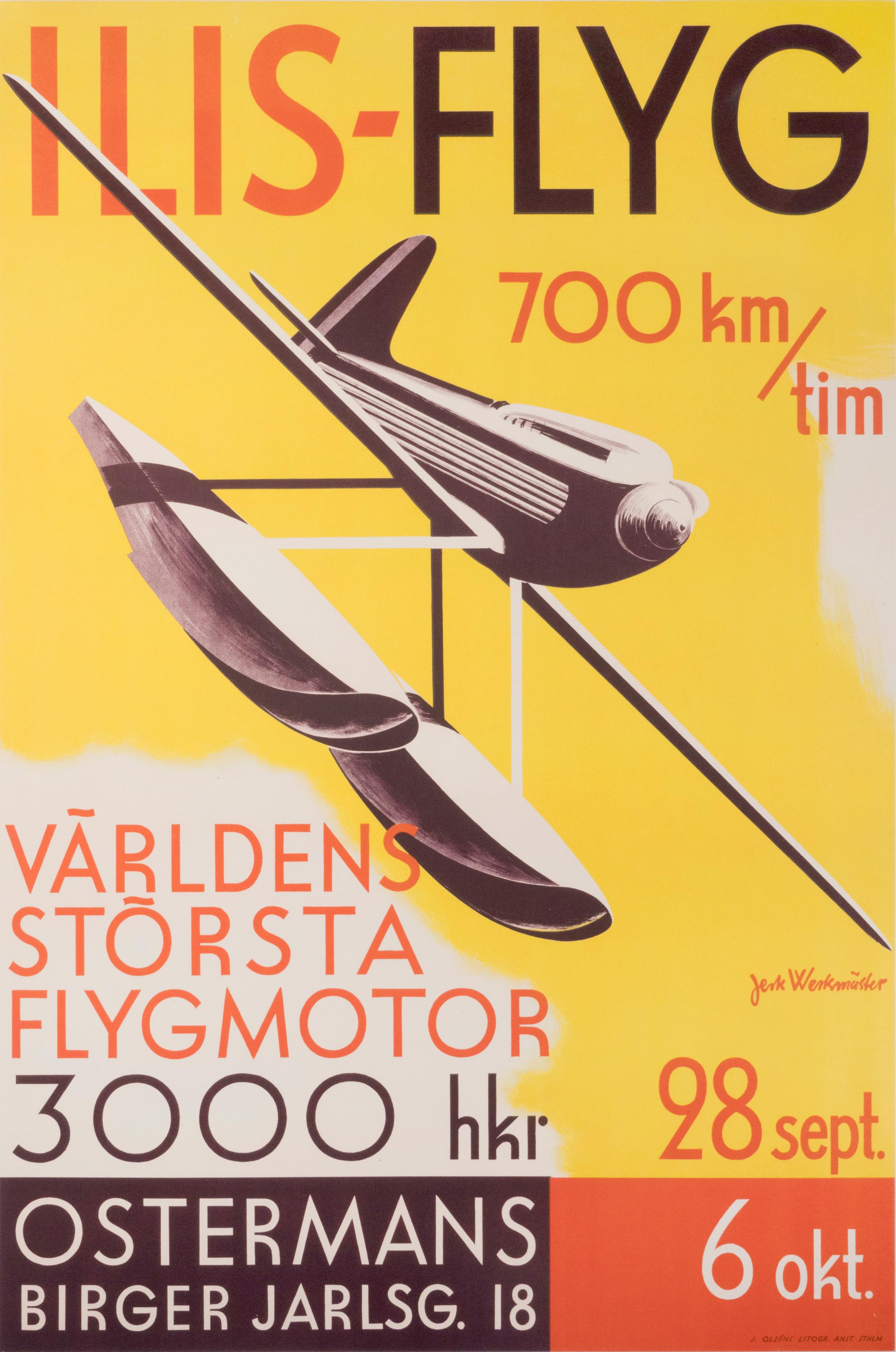 Jerk Werkmaster Figurative Print - "Ilis-Flyg - World's Largest Airplane Motor" Swedish Aviation Original Poster