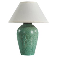 Jerk Werkmäster, Table Lamp, Green-Glazed Earthenware, Nittsjö, Sweden, c. 1940s