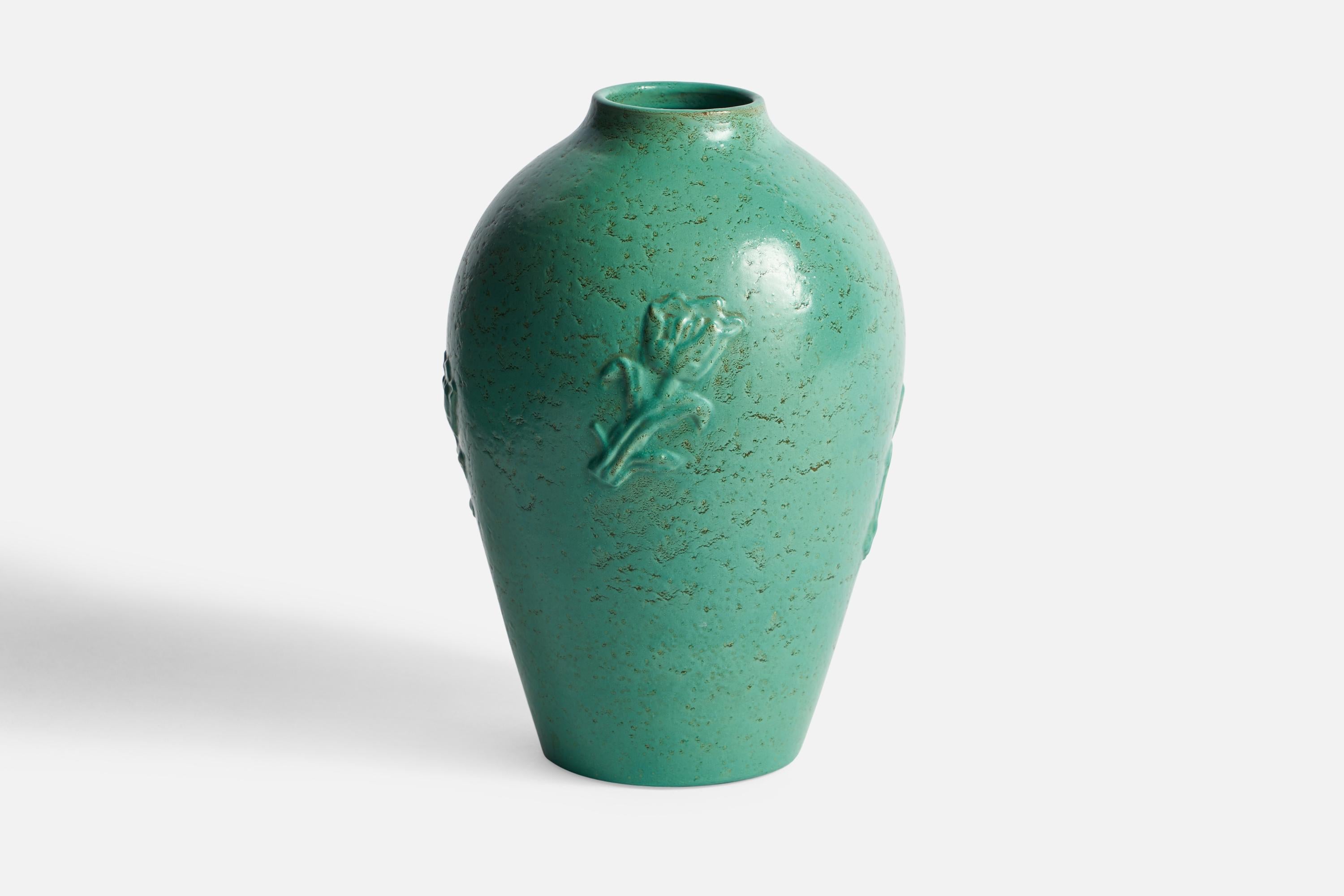 A green-glazed ceramic vase designed by Jerk Werkmäster and produced by Nittsjö, Sweden, c. 1930s.