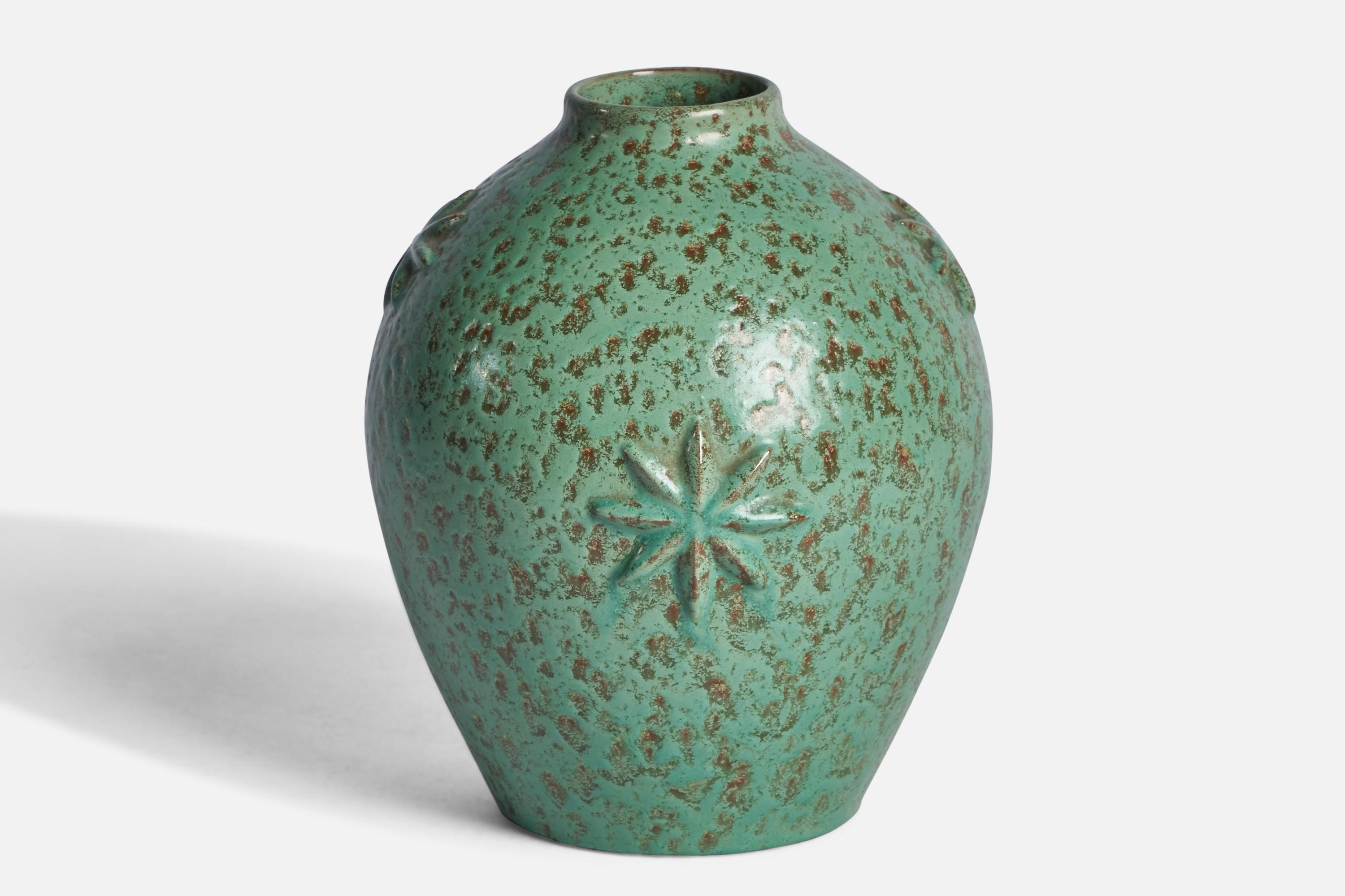 A green-glazed earthenware vase designed by Jerk Werkmäster and produced by Nittsjö, Sweden, 1930s.